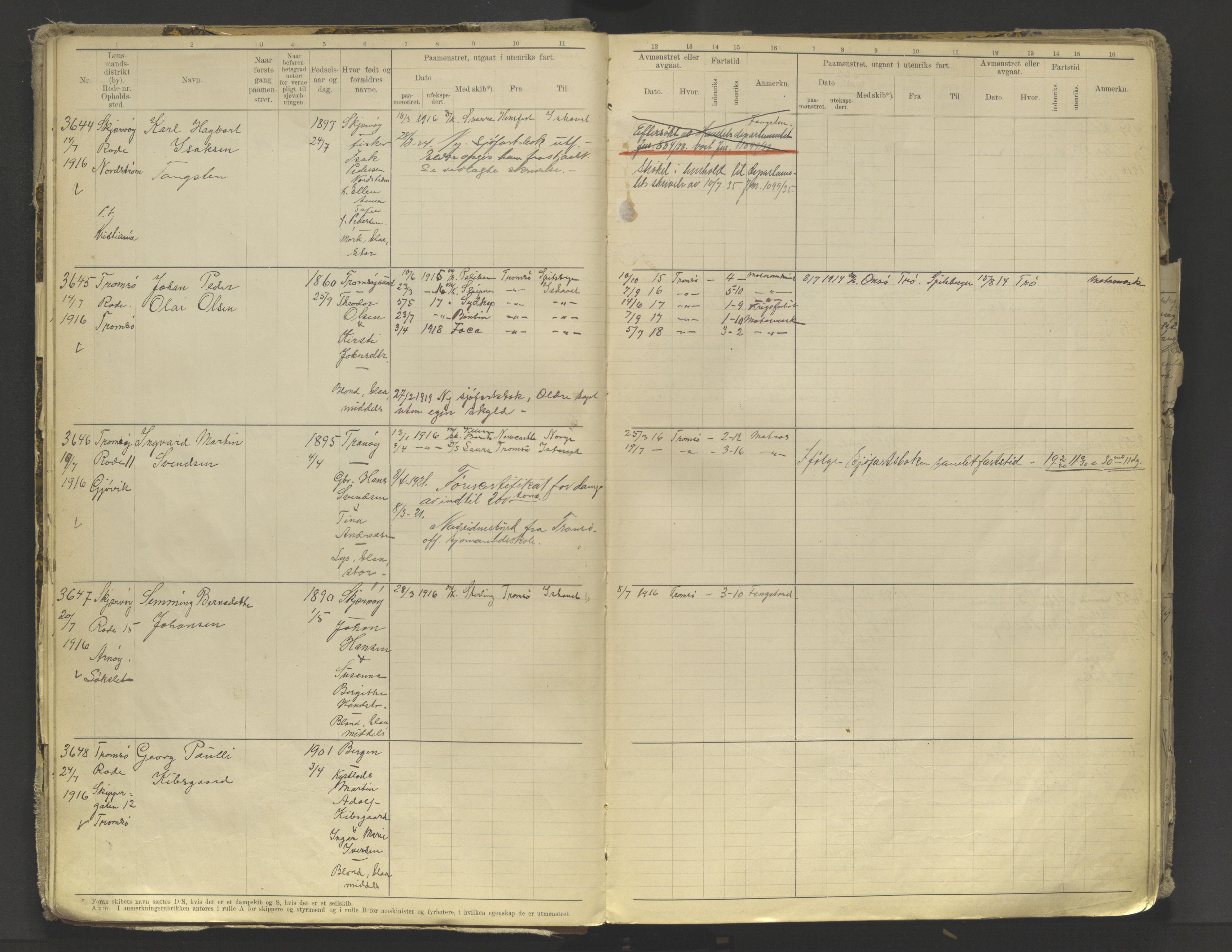 Tromsø sjømannskontor/innrullerings-/mønstringsdistrikt, AV/SATØ-S-0243/F/Fb/L0010: Annotasjonsrulle. Defekt: løs innbinding. Nr. 3519-4972, 1916-1920