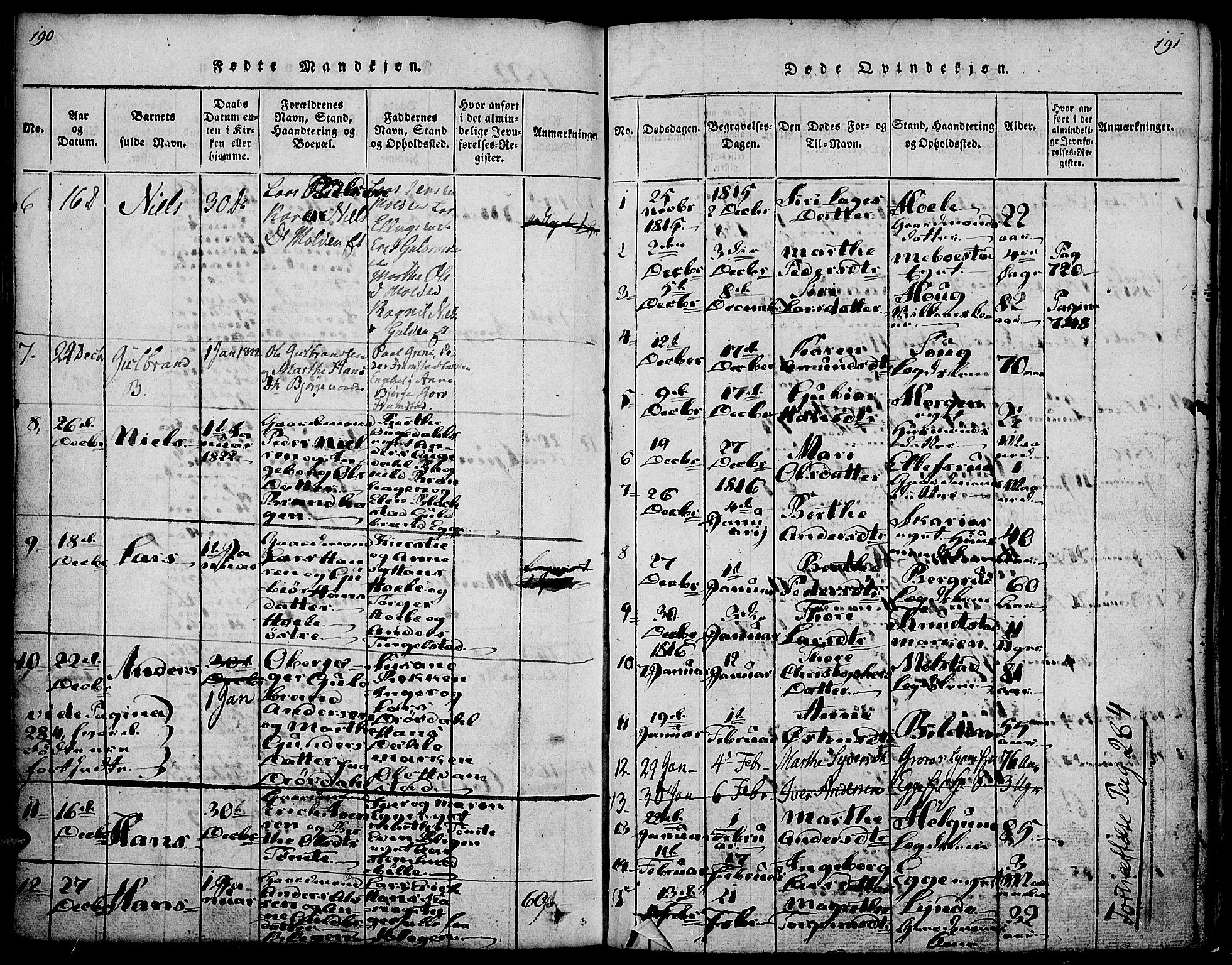 Gran prestekontor, SAH/PREST-112/H/Ha/Haa/L0009: Parish register (official) no. 9, 1815-1824, p. 190-191