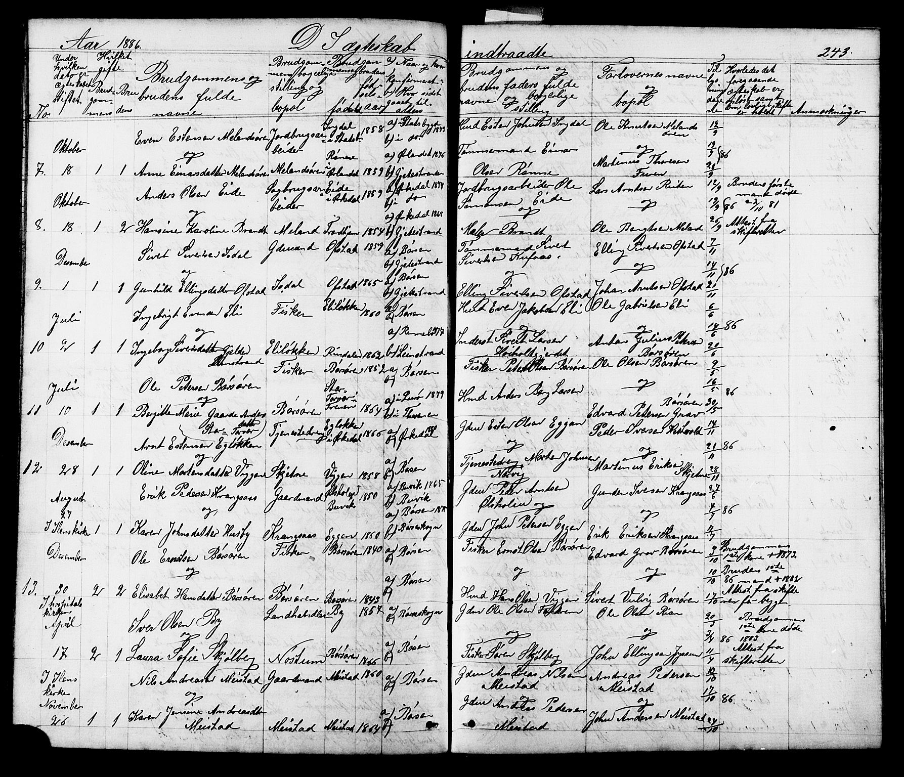 Ministerialprotokoller, klokkerbøker og fødselsregistre - Sør-Trøndelag, SAT/A-1456/665/L0777: Parish register (copy) no. 665C02, 1867-1915, p. 243