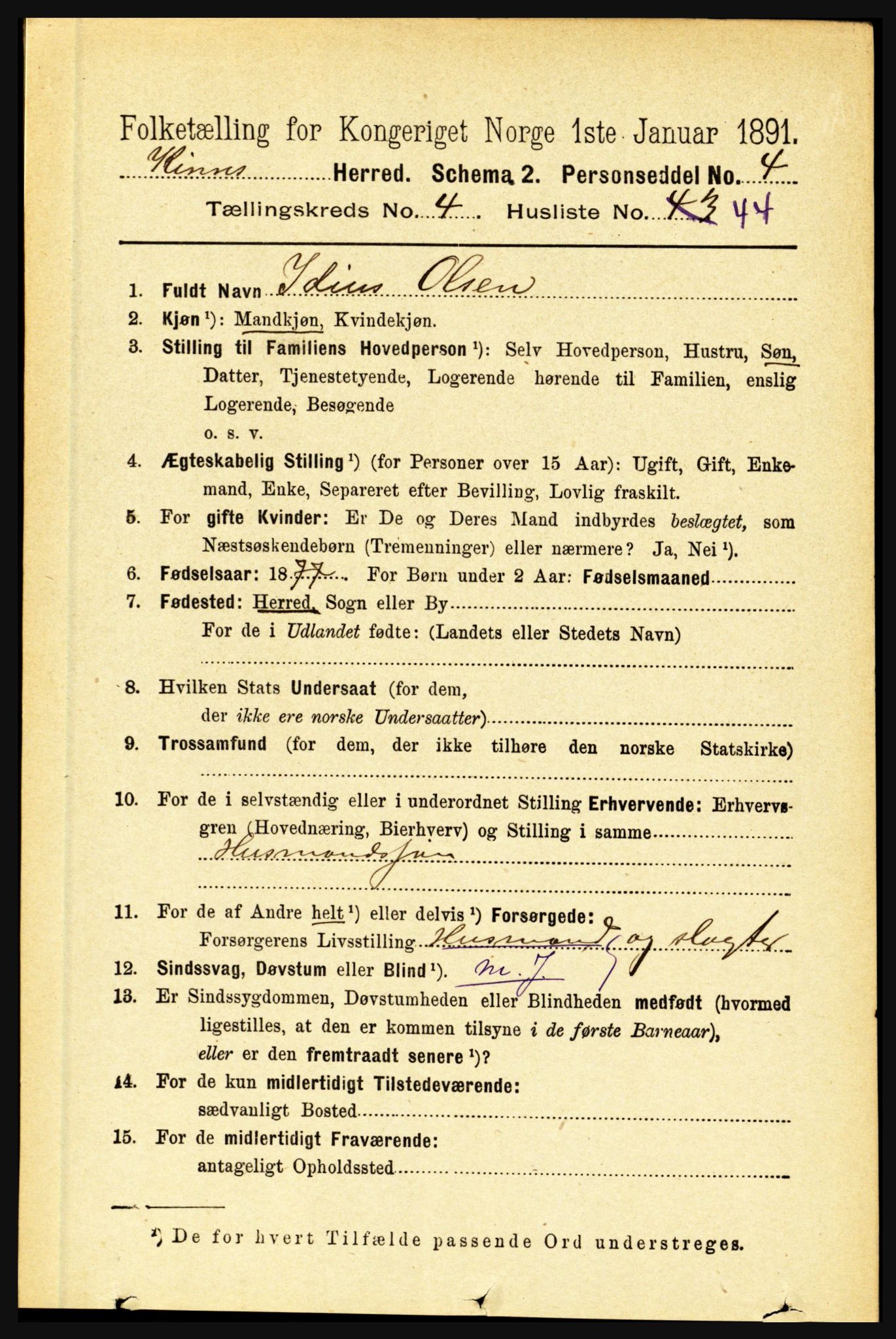 RA, 1891 census for 1437 Kinn, 1891, p. 1587