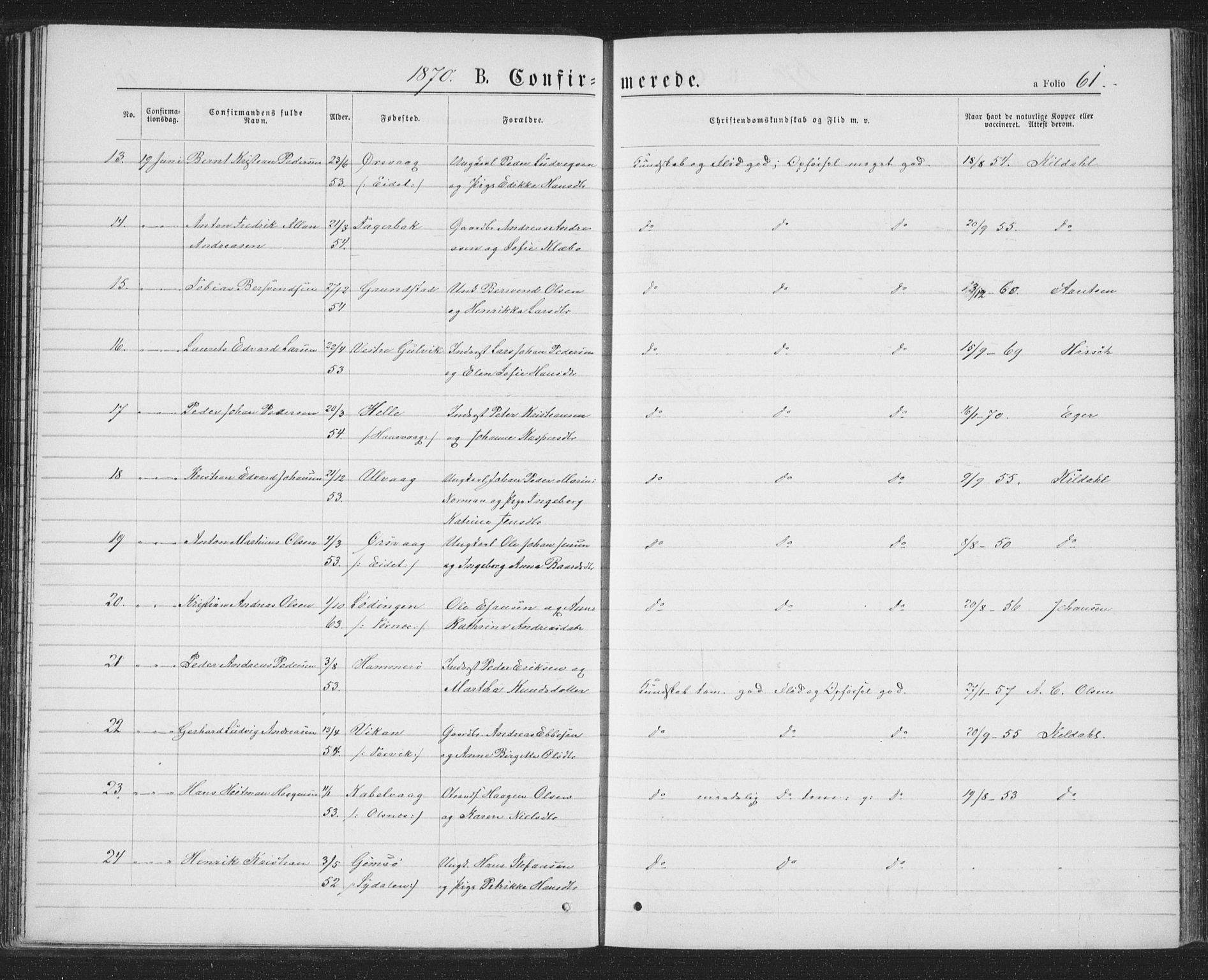 Ministerialprotokoller, klokkerbøker og fødselsregistre - Nordland, AV/SAT-A-1459/874/L1074: Parish register (copy) no. 874C03, 1870-1876, p. 61