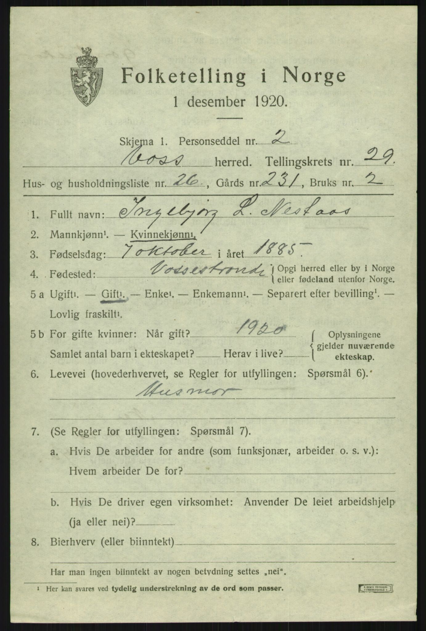 SAB, 1920 census for Voss, 1920, p. 19559