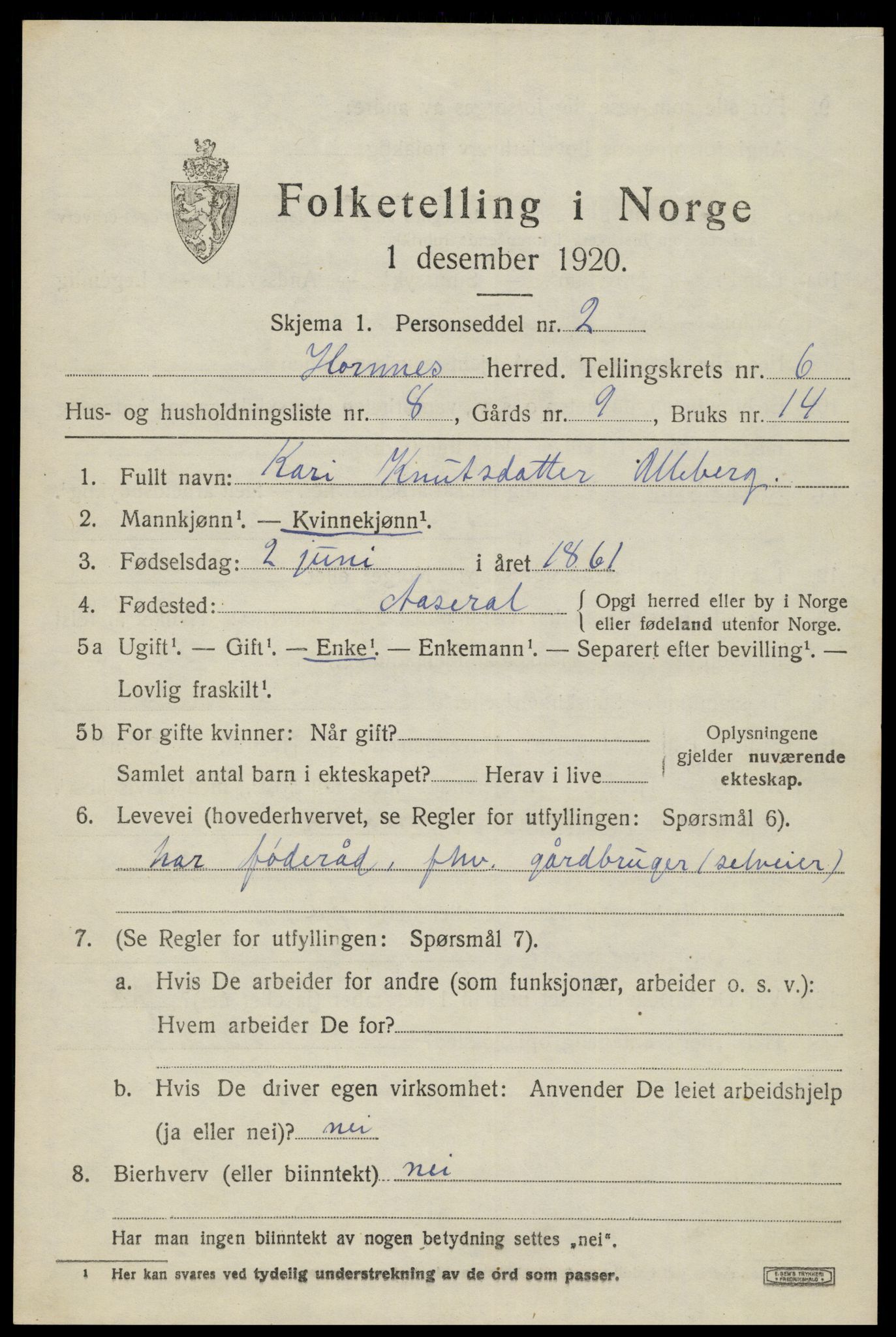 SAK, 1920 census for Hornnes, 1920, p. 1635