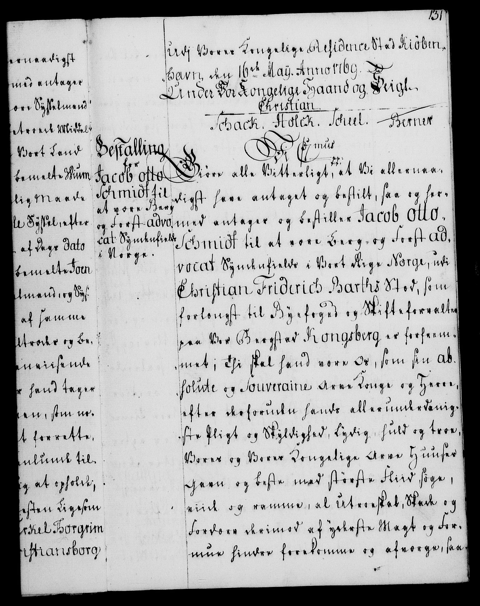 Rentekammeret, Kammerkanselliet, RA/EA-3111/G/Gg/Gge/L0004: Norsk bestallingsprotokoll med register (merket RK 53.28), 1762-1771, p. 131