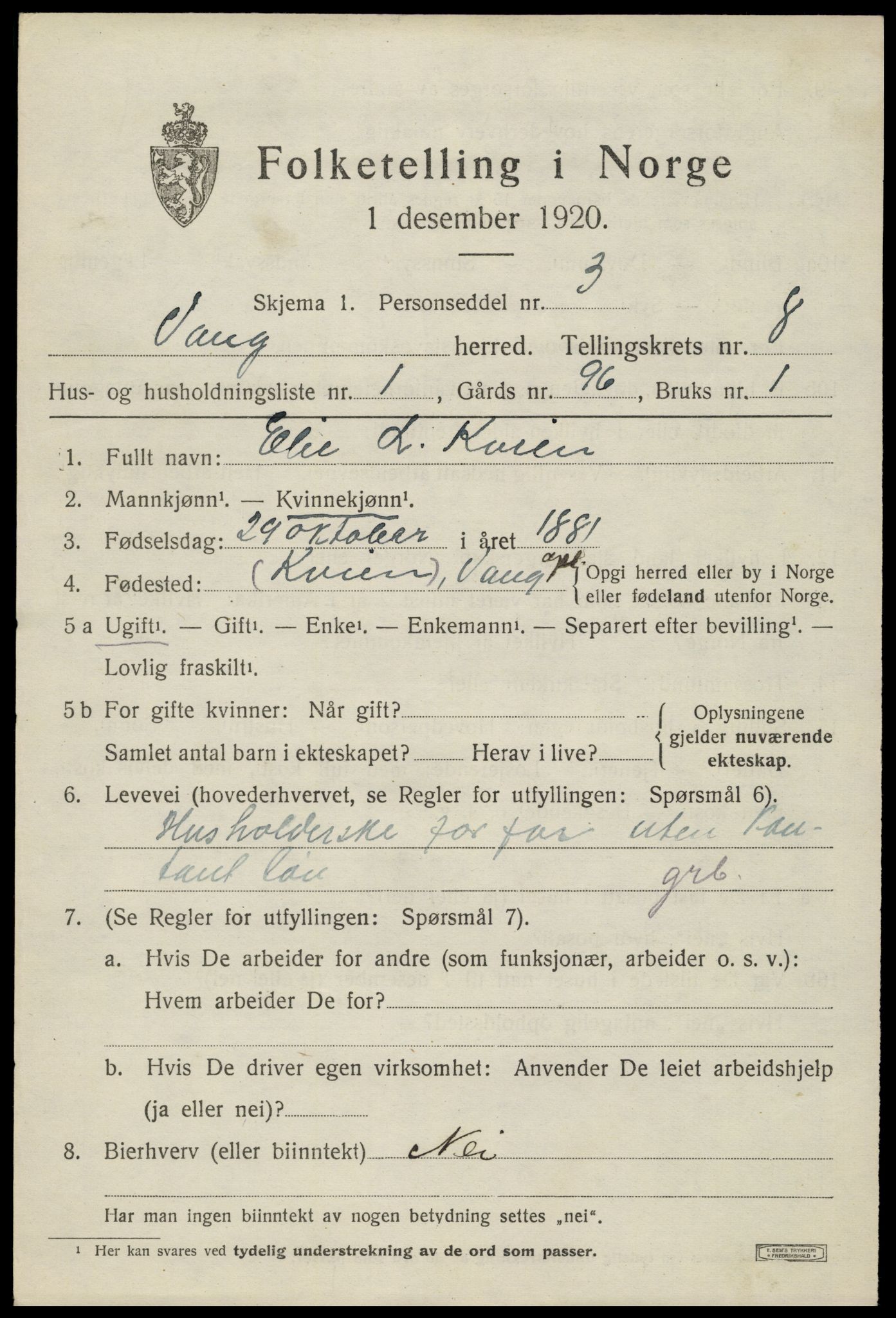 SAH, 1920 census for Vang (Oppland), 1920, p. 3393