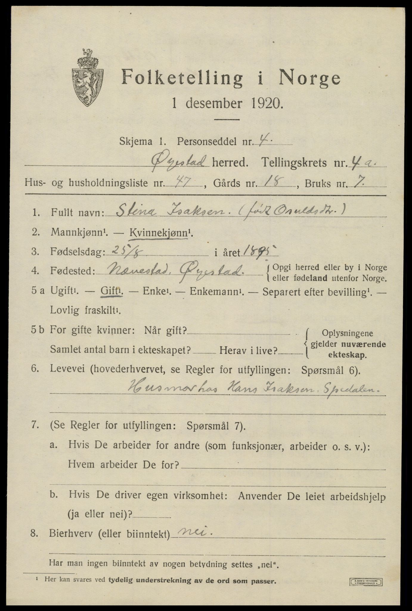 SAK, 1920 census for Øyestad, 1920, p. 3630