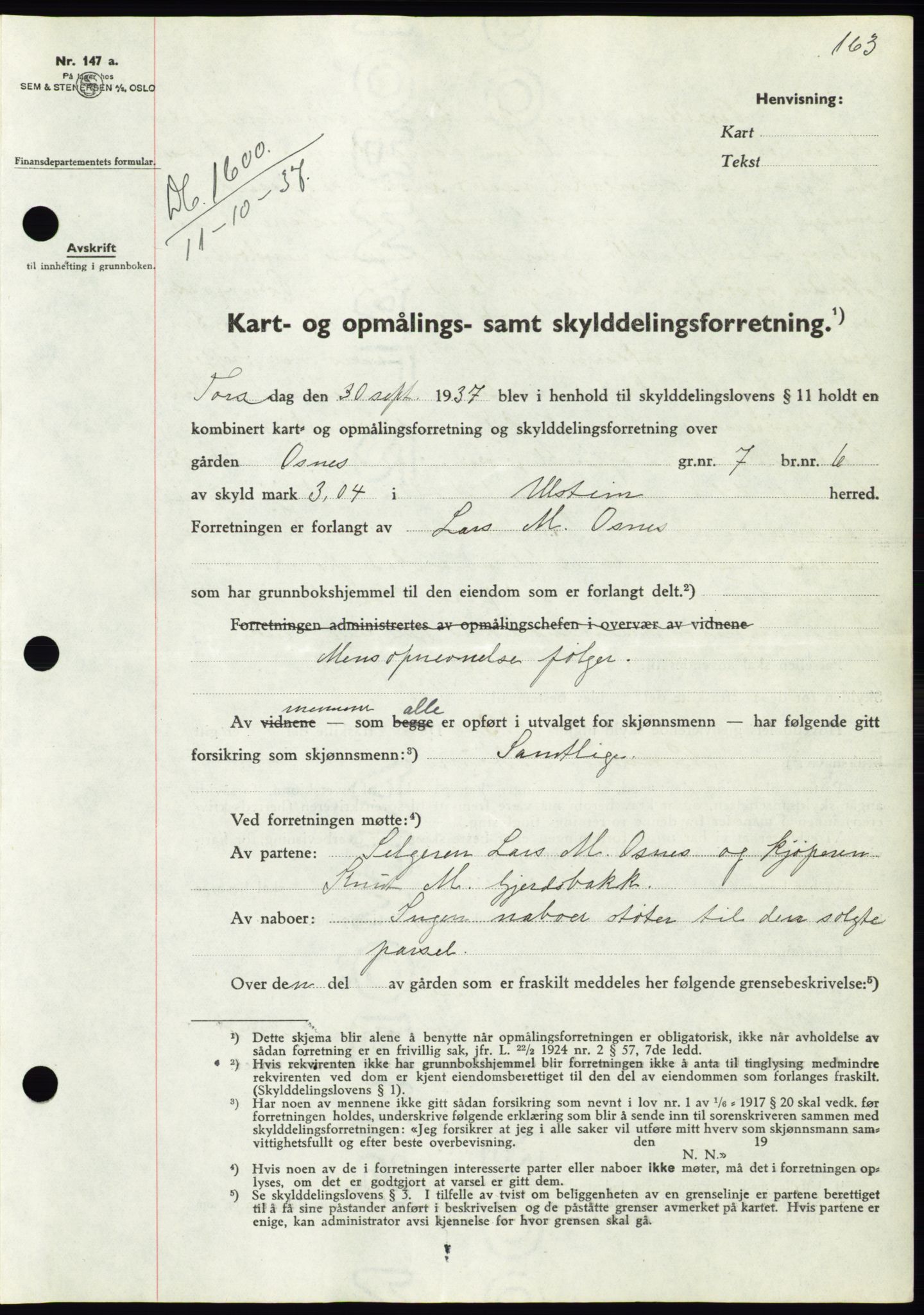 Søre Sunnmøre sorenskriveri, AV/SAT-A-4122/1/2/2C/L0064: Mortgage book no. 58, 1937-1938, Diary no: : 1600/1937