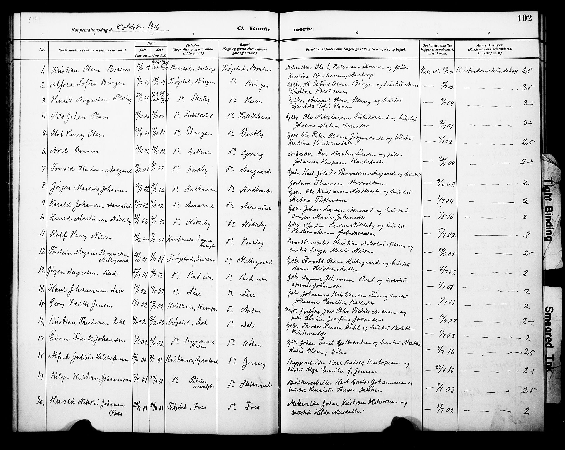Trøgstad prestekontor Kirkebøker, AV/SAO-A-10925/G/Ga/L0002: Parish register (copy) no. I 2, 1911-1929, p. 102