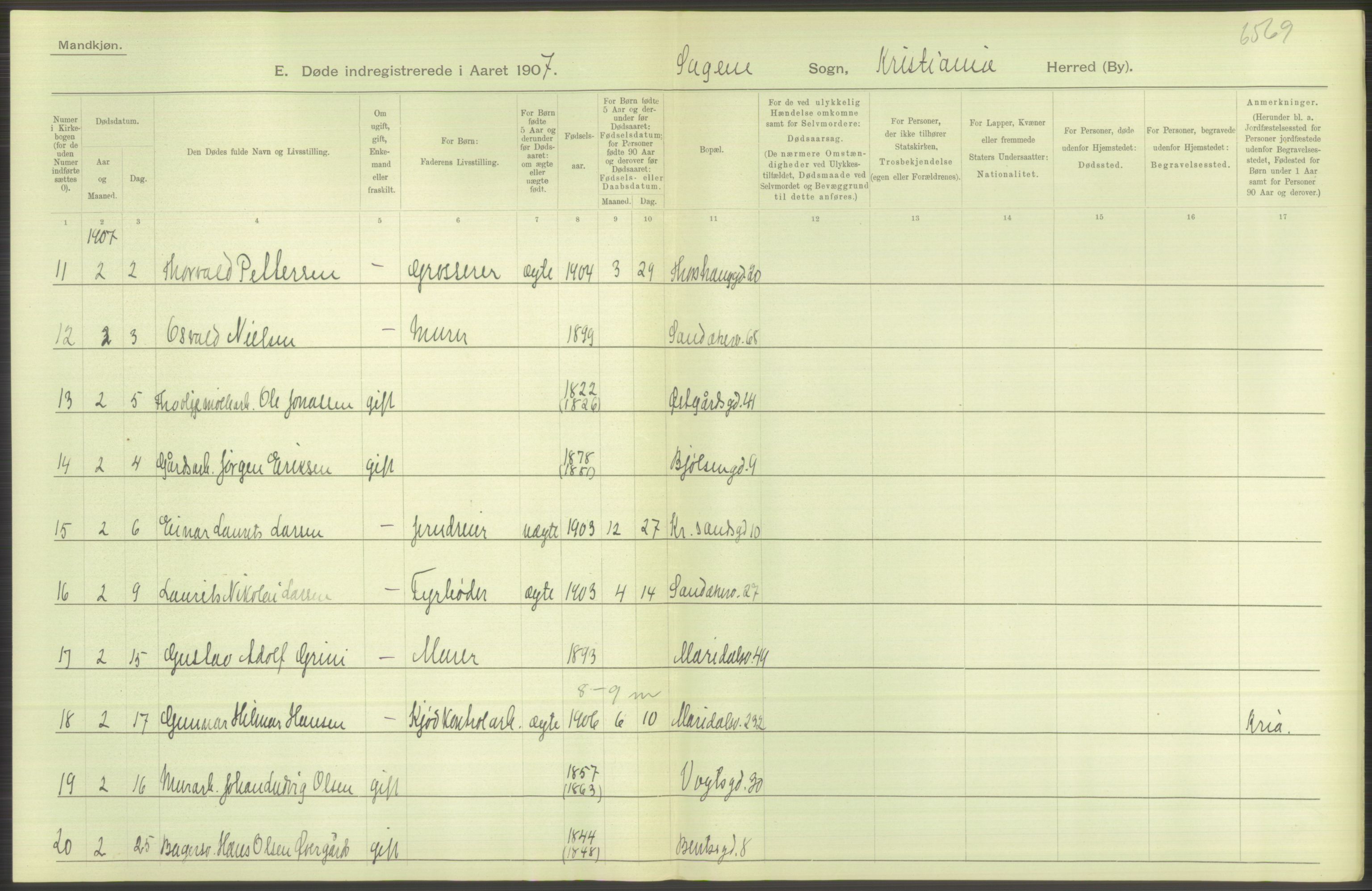 Statistisk sentralbyrå, Sosiodemografiske emner, Befolkning, RA/S-2228/D/Df/Dfa/Dfae/L0010: Kristiania: Døde, dødfødte, 1907, p. 244