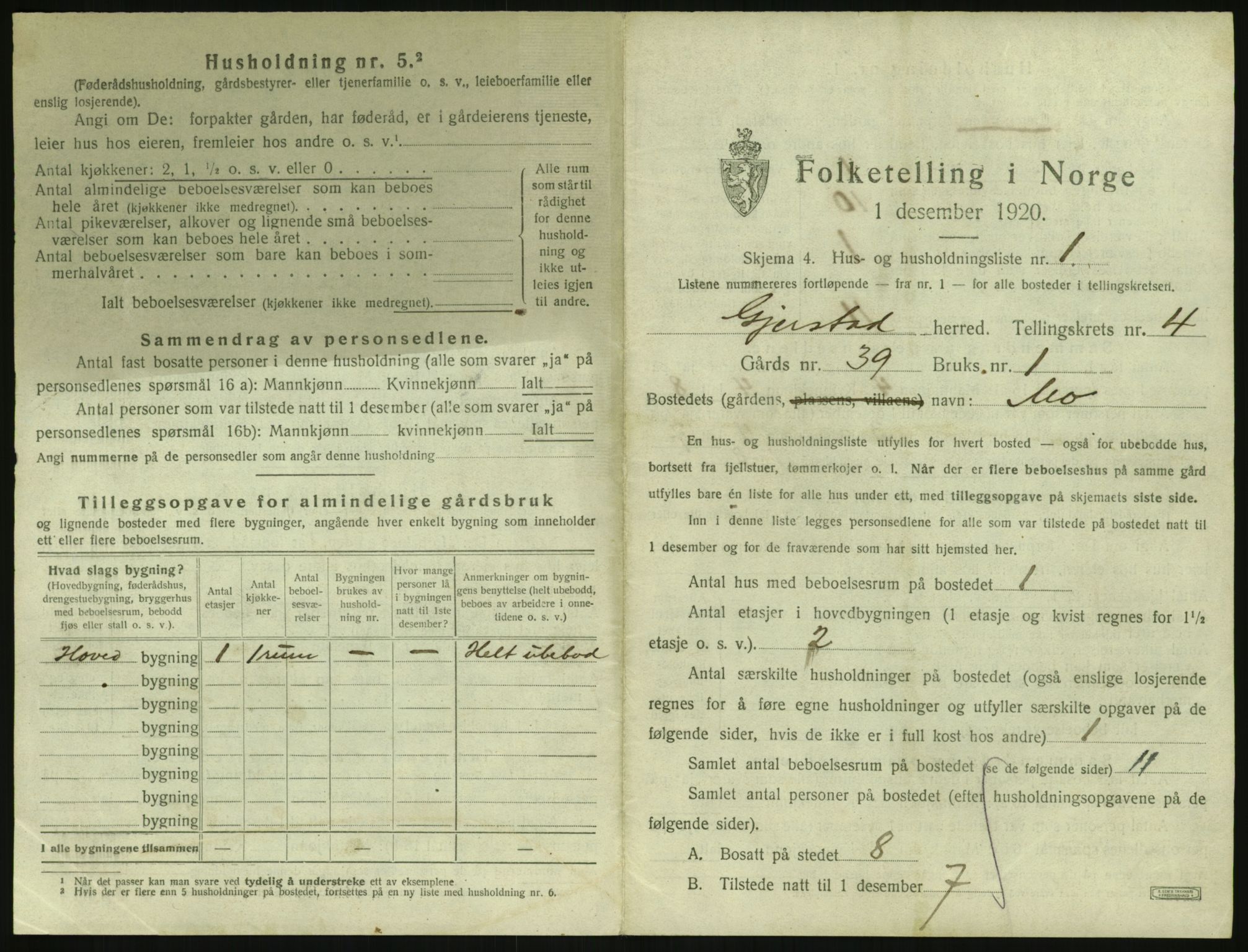 SAK, 1920 census for Gjerstad, 1920, p. 341