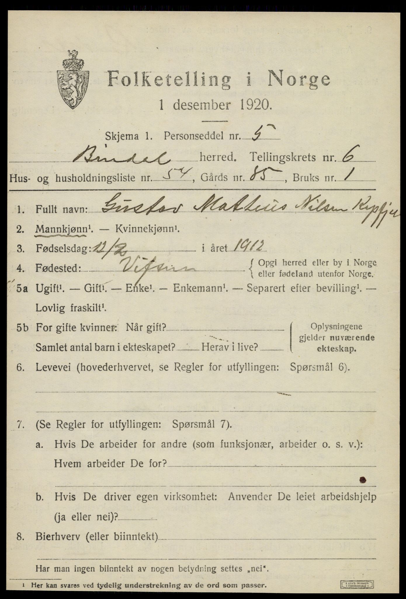 SAT, 1920 census for Bindal, 1920, p. 5567