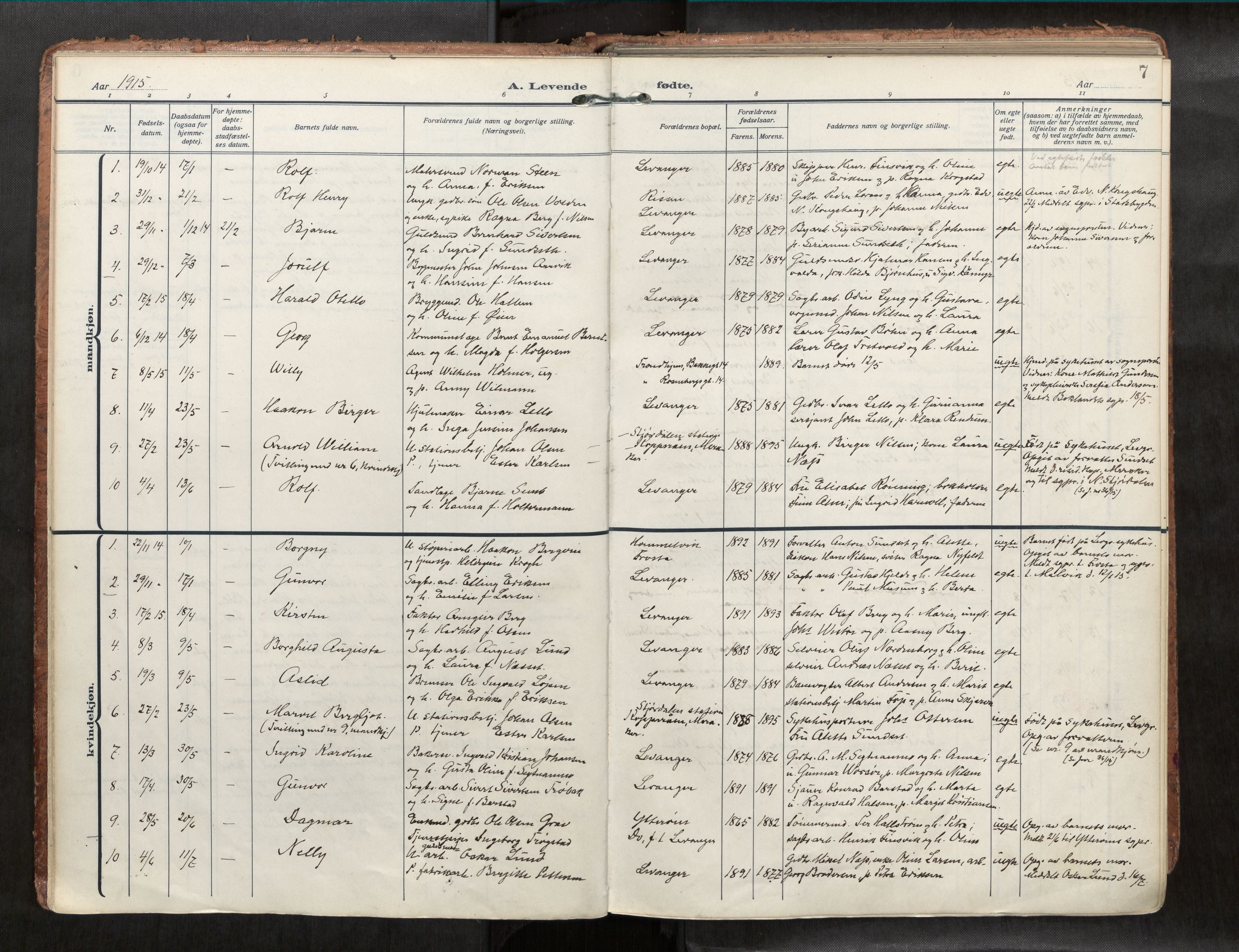 Levanger sokneprestkontor, SAT/A-1301/2/H/Haa/L0001: Parish register (official) no. 1, 1912-1932, p. 7