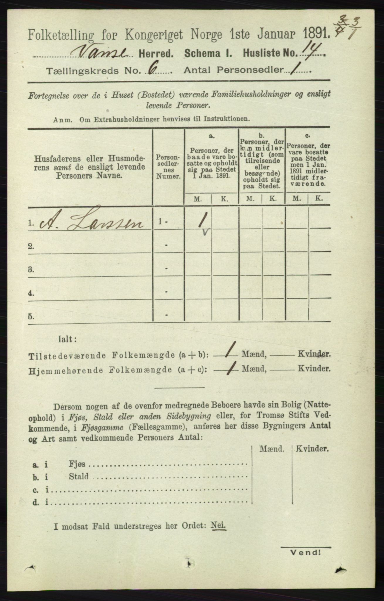 RA, 1891 census for 1041 Vanse, 1891, p. 3413