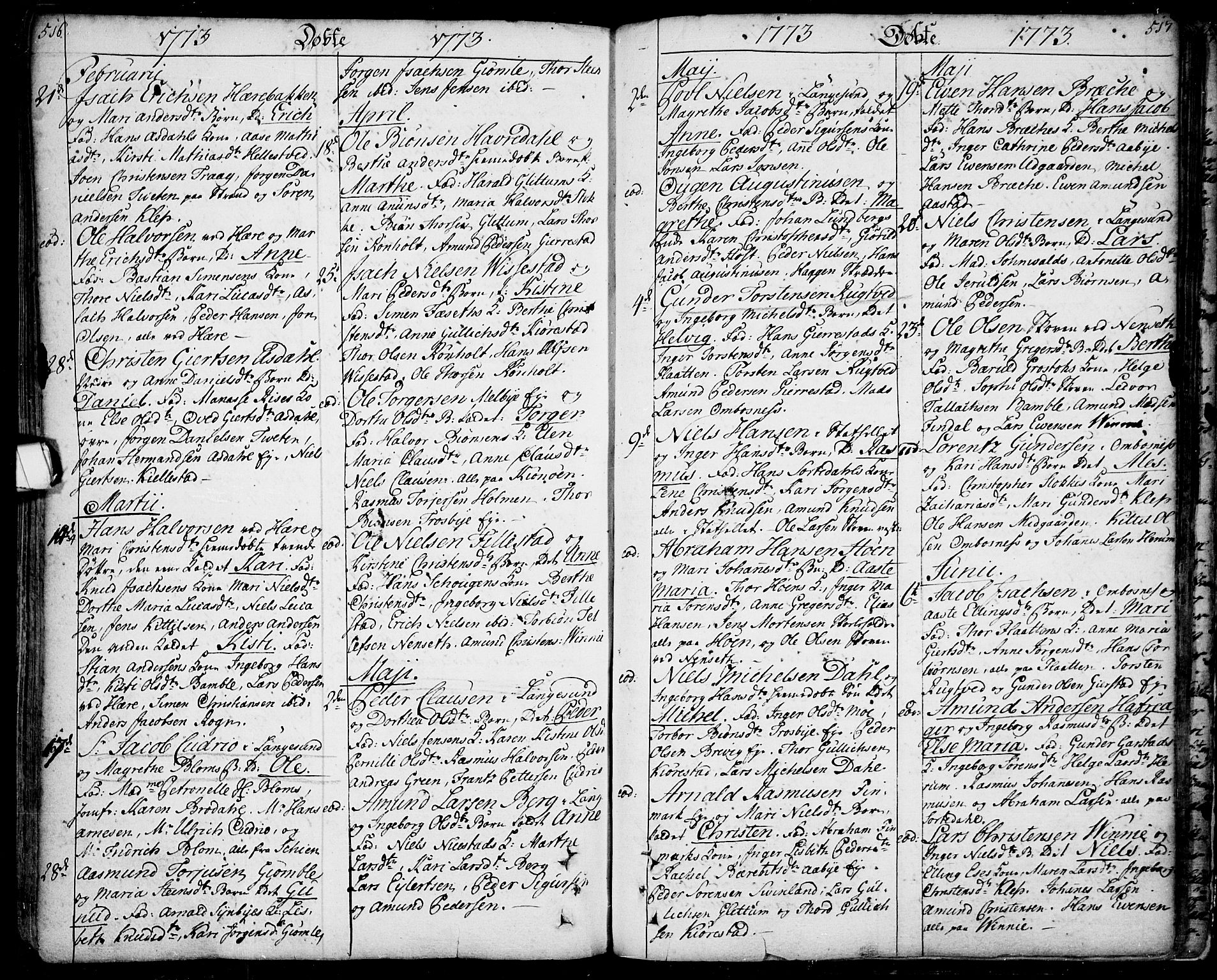 Bamble kirkebøker, SAKO/A-253/F/Fa/L0001: Parish register (official) no. I 1, 1702-1774, p. 516-517