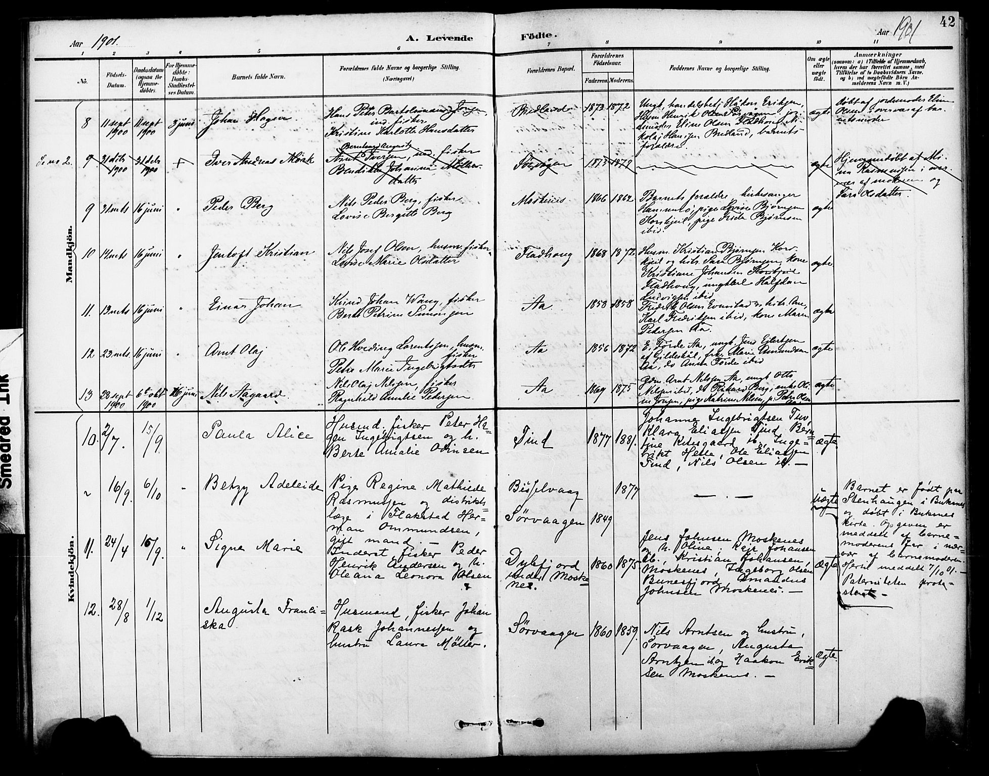 Ministerialprotokoller, klokkerbøker og fødselsregistre - Nordland, AV/SAT-A-1459/886/L1220: Parish register (official) no. 886A02, 1892-1903, p. 42