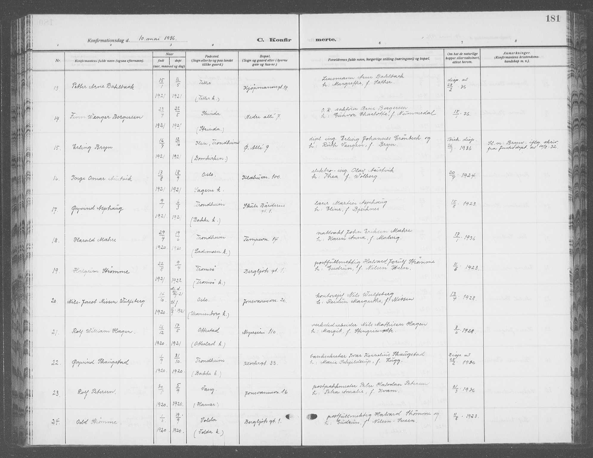 Ministerialprotokoller, klokkerbøker og fødselsregistre - Sør-Trøndelag, SAT/A-1456/601/L0099: Parish register (copy) no. 601C17, 1928-1941, p. 181