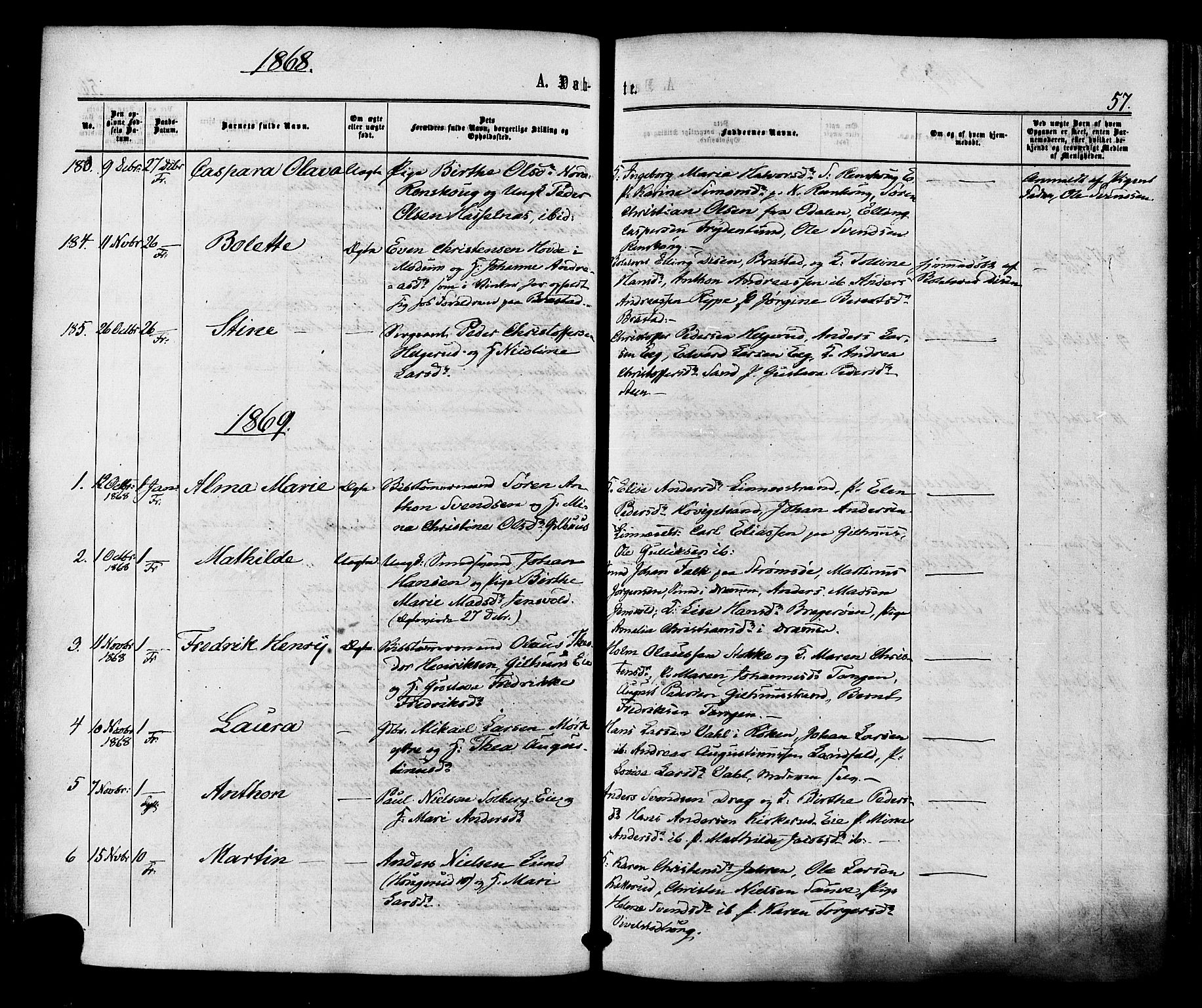 Lier kirkebøker, AV/SAKO-A-230/F/Fa/L0013: Parish register (official) no. I 13, 1865-1874, p. 57