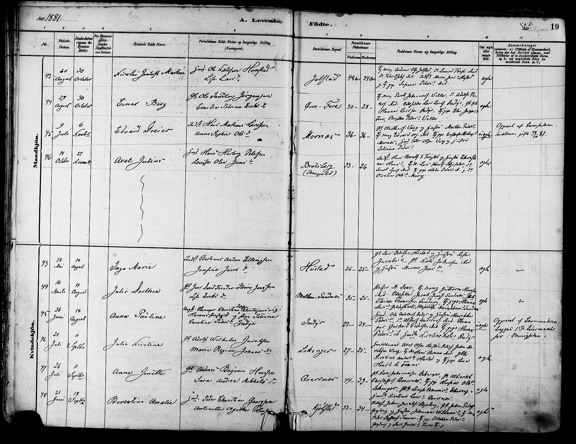 Ministerialprotokoller, klokkerbøker og fødselsregistre - Nordland, SAT/A-1459/805/L0099: Parish register (official) no. 805A06, 1880-1891, p. 19