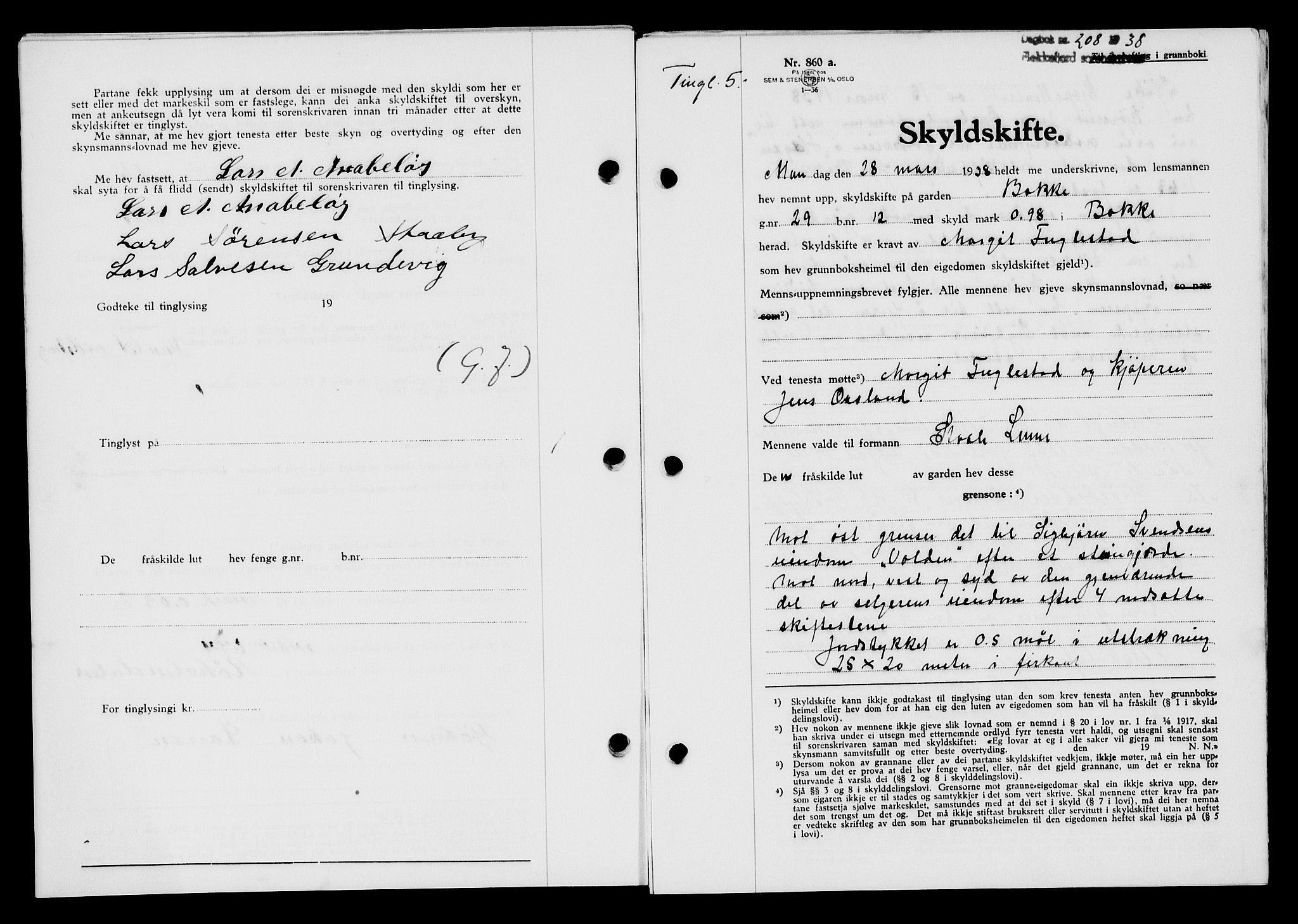 Flekkefjord sorenskriveri, AV/SAK-1221-0001/G/Gb/Gba/L0054: Mortgage book no. A-2, 1937-1938, Diary no: : 208/1938