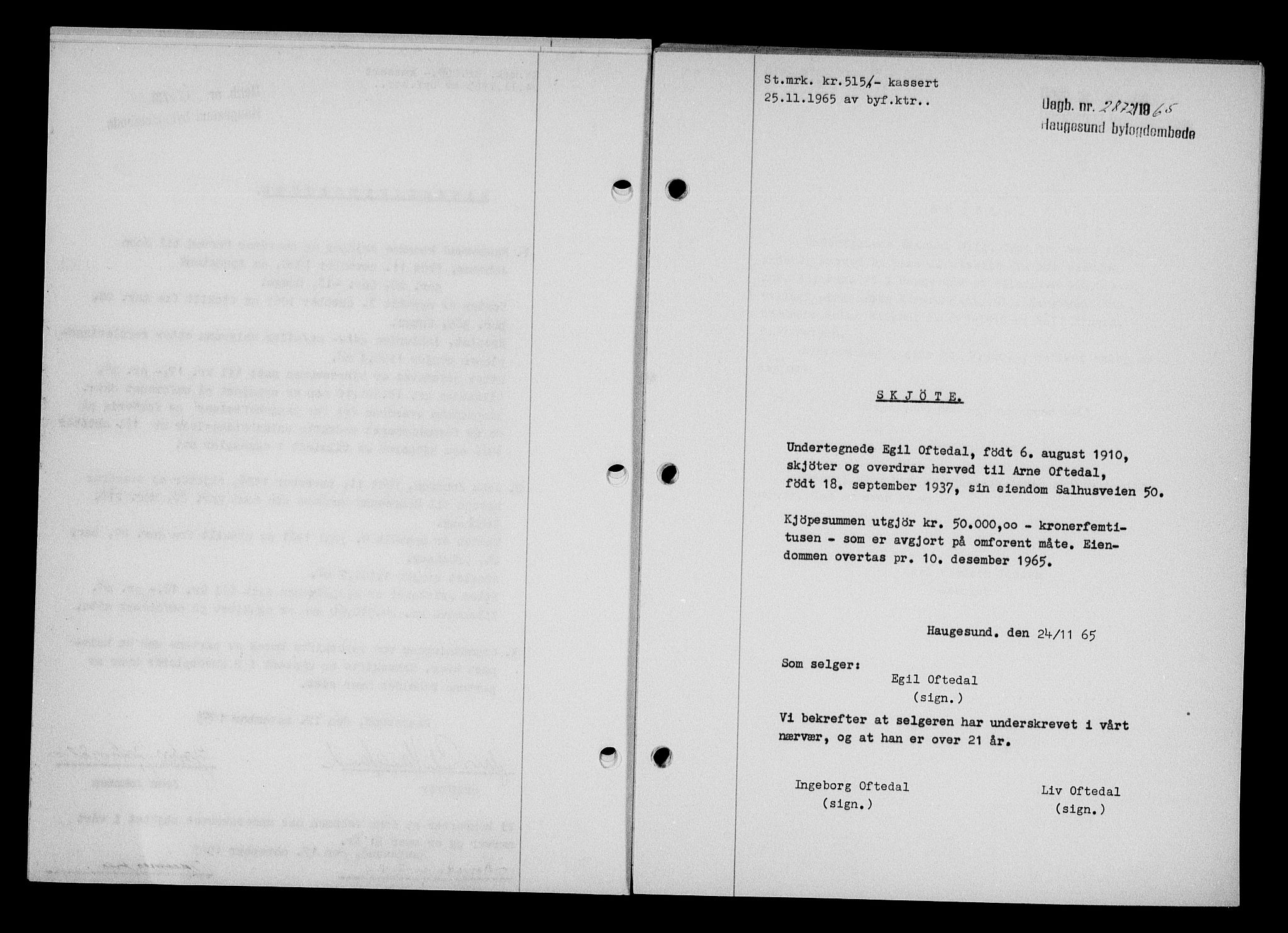 Haugesund tingrett, AV/SAST-A-101415/01/II/IIC/L0076: Mortgage book no. A 17, 1965-1966, Diary no: : 2872/1965