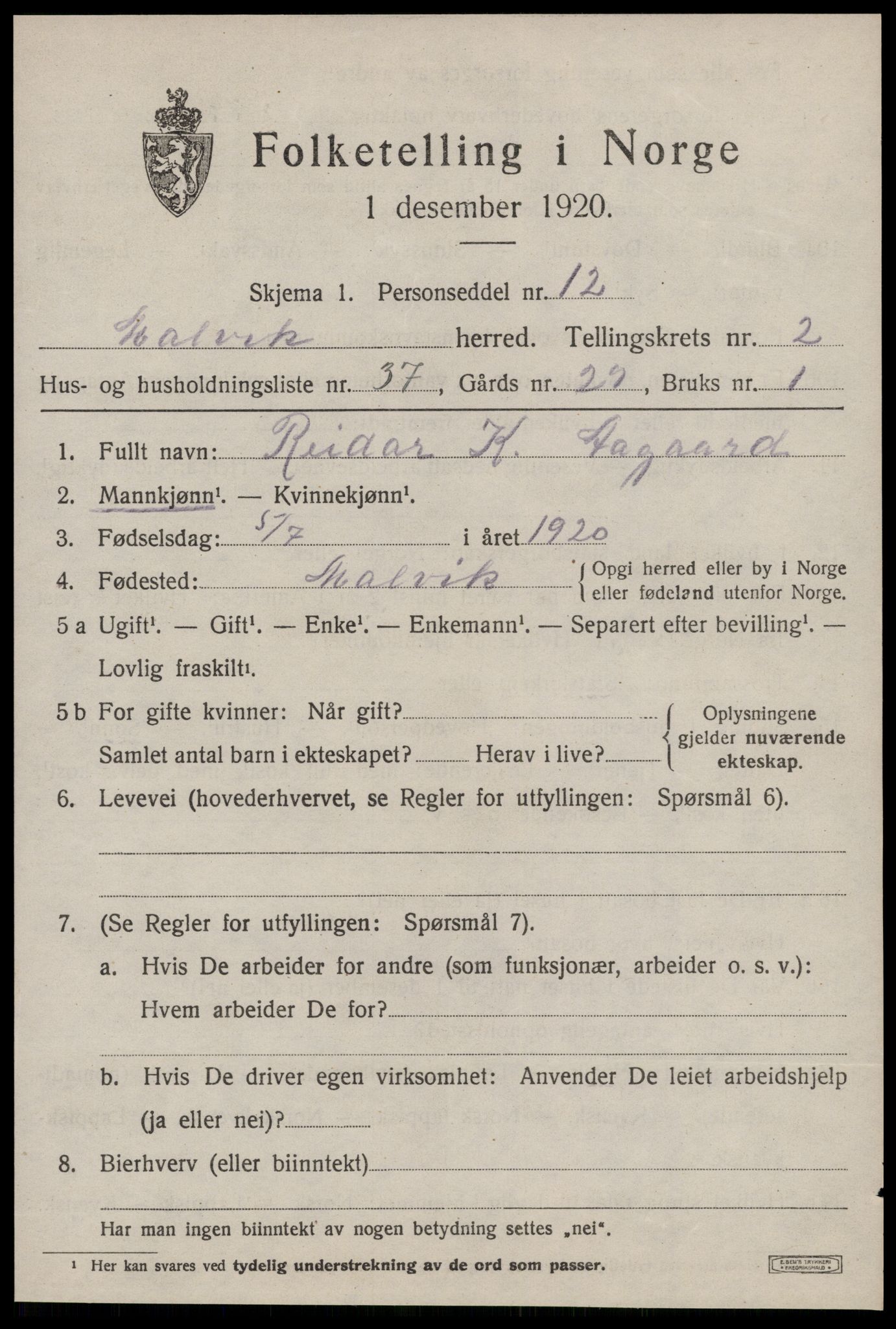 SAT, 1920 census for Malvik, 1920, p. 2268