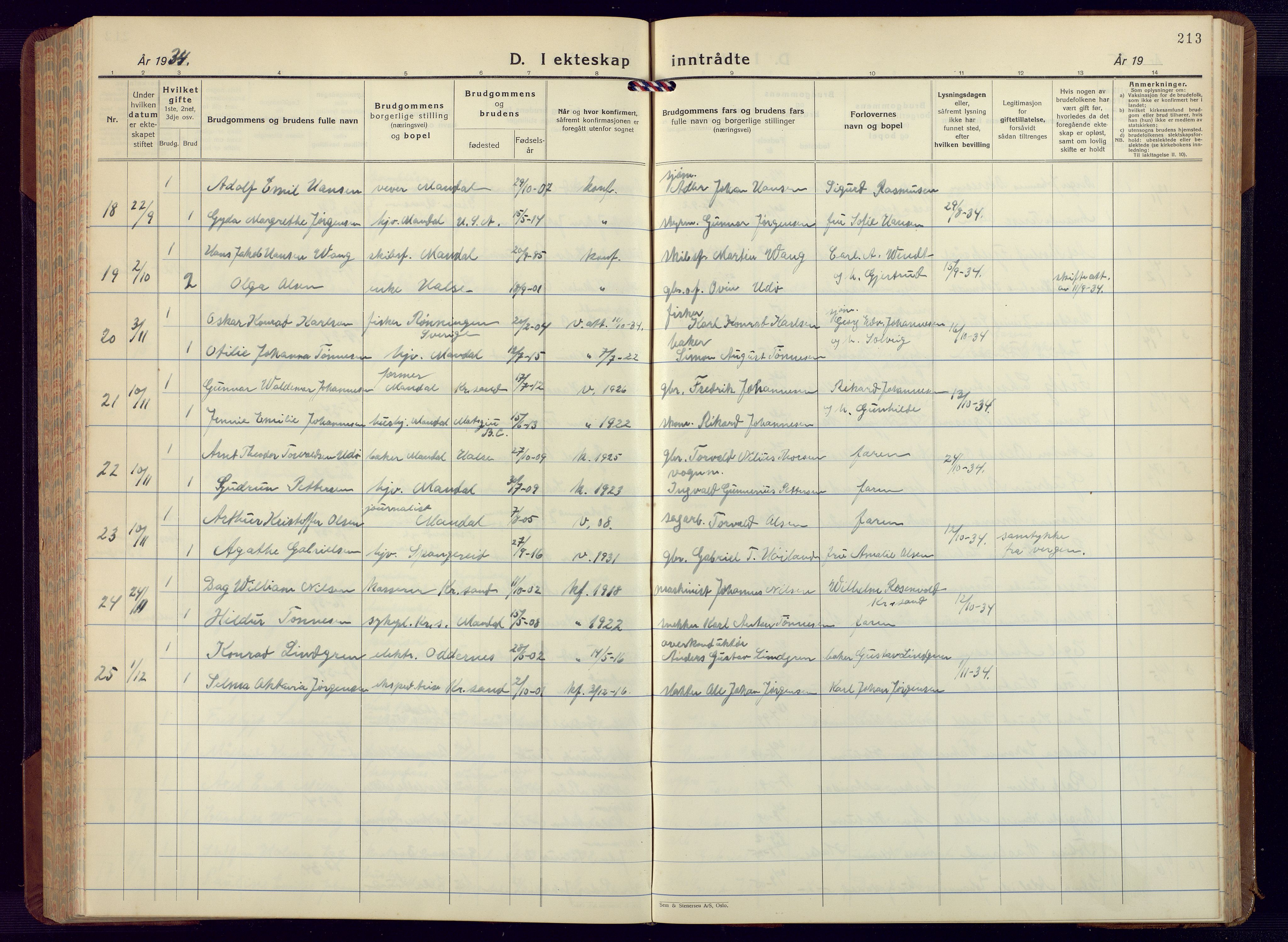 Mandal sokneprestkontor, AV/SAK-1111-0030/F/Fb/Fbc/L0002: Parish register (copy) no. B 2, 1931-1949, p. 213