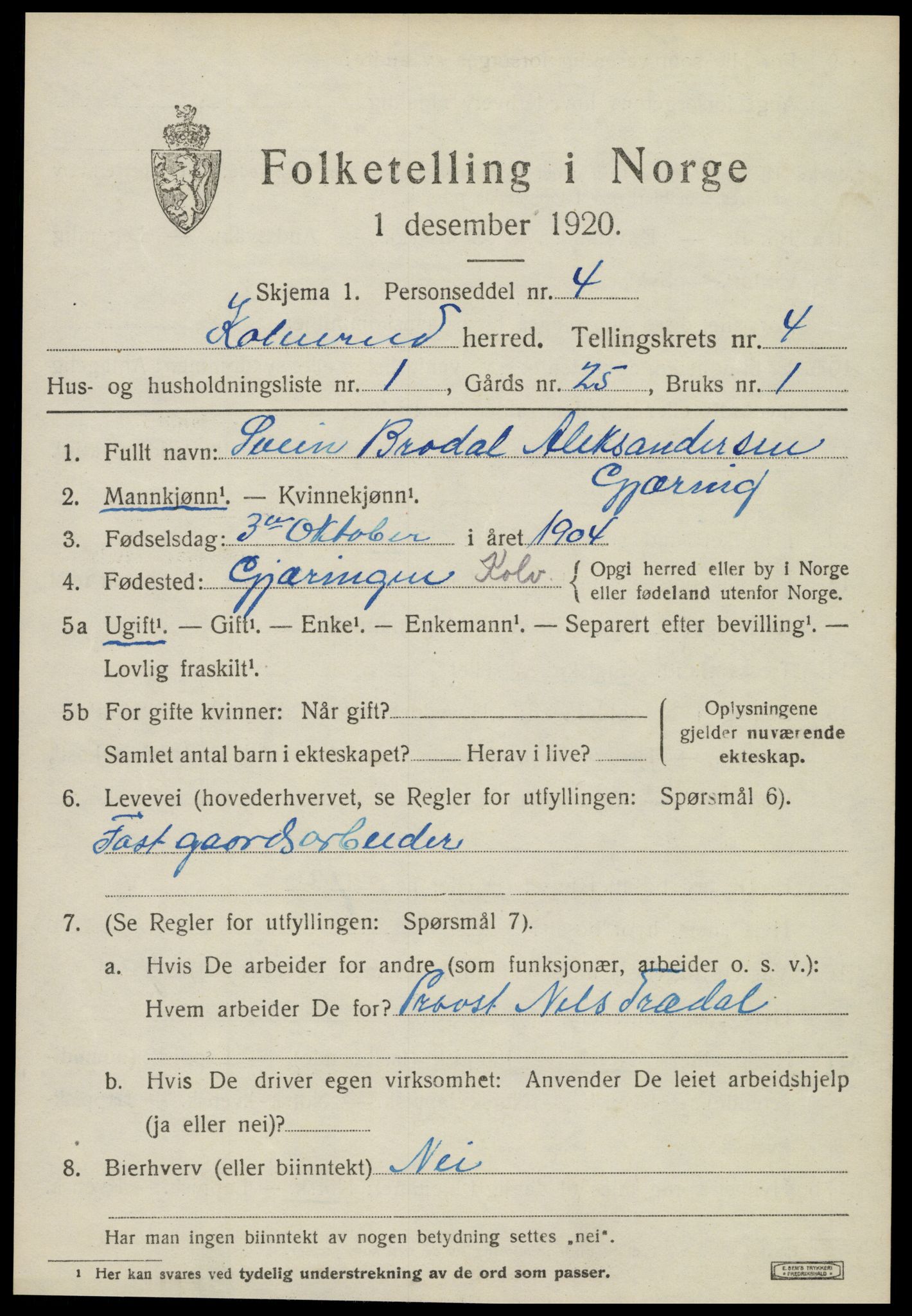 SAT, 1920 census for Kolvereid, 1920, p. 2459