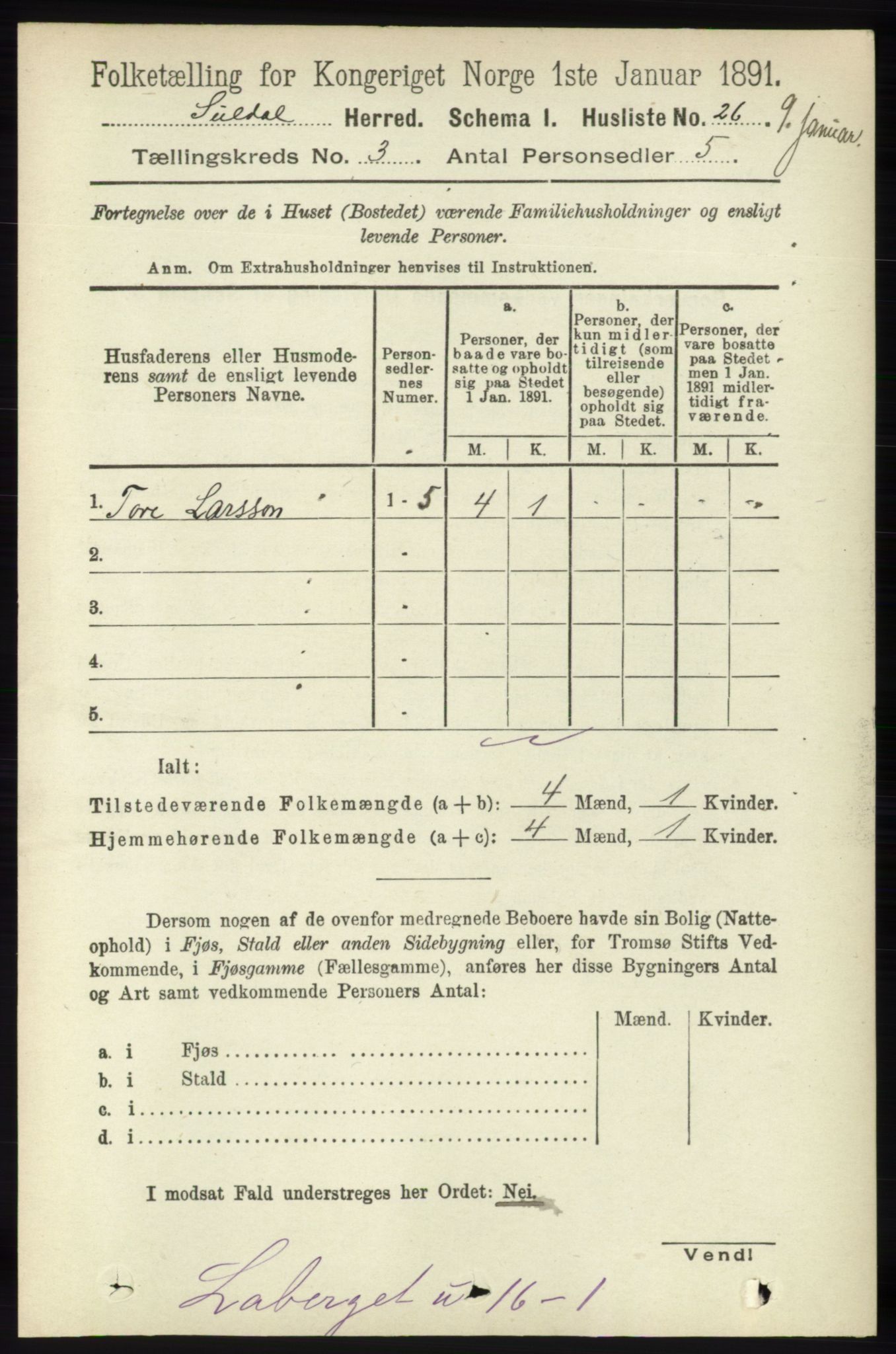 RA, 1891 census for 1134 Suldal, 1891, p. 609