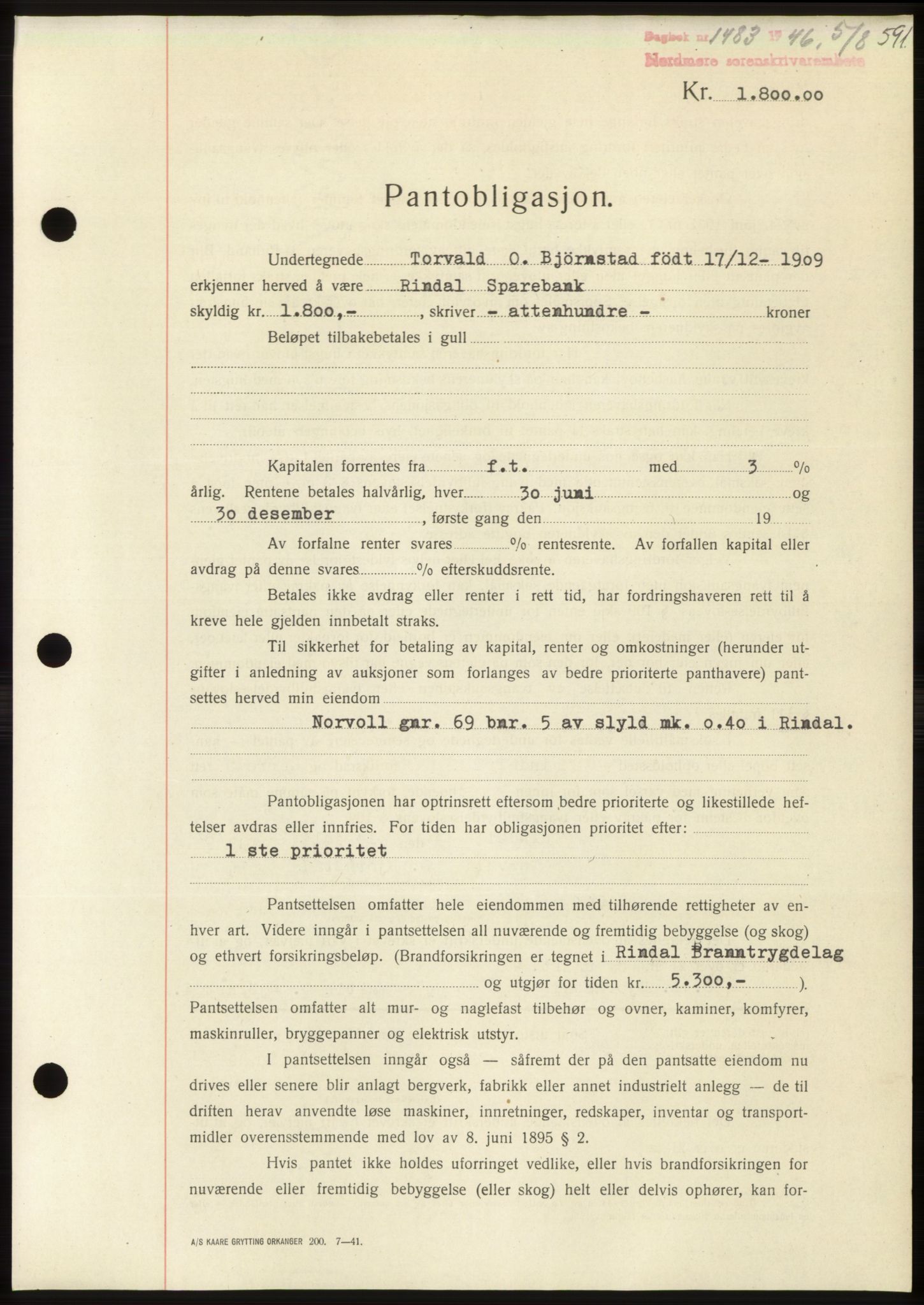 Nordmøre sorenskriveri, AV/SAT-A-4132/1/2/2Ca: Mortgage book no. B94, 1946-1946, Diary no: : 1483/1946