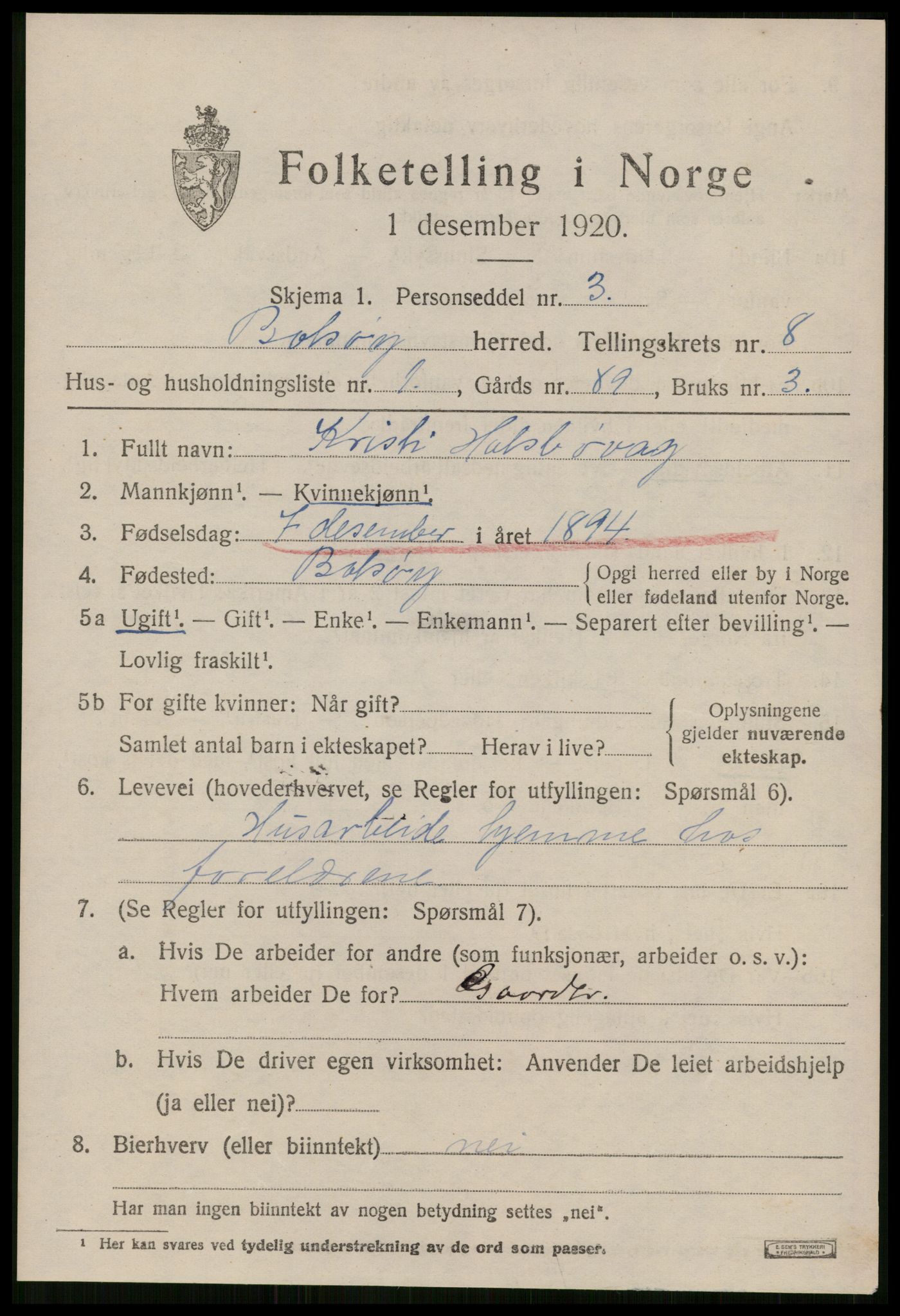 SAT, 1920 census for Bolsøy, 1920, p. 9613