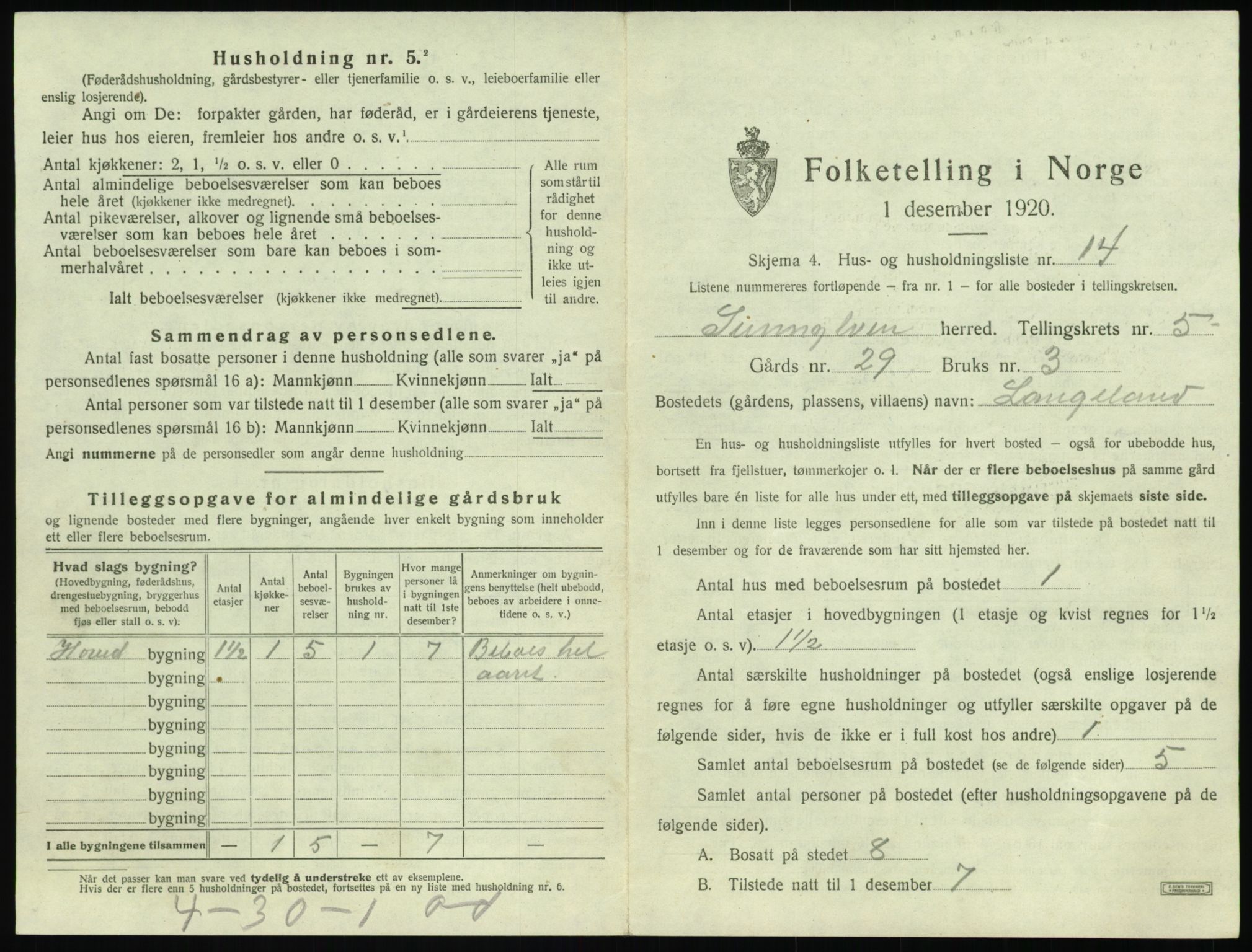 SAT, 1920 census for Sunnylven, 1920, p. 330