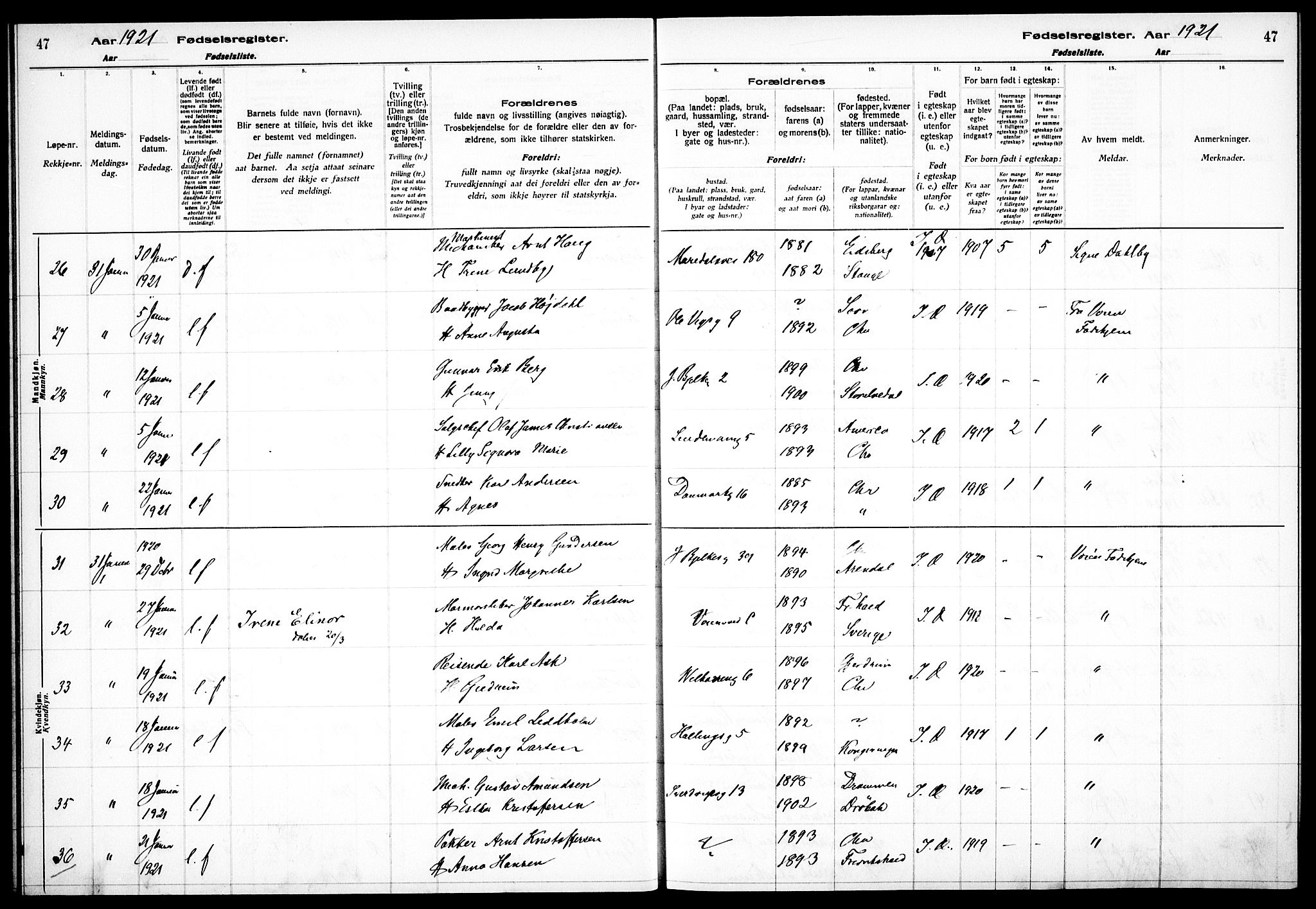 Sagene prestekontor Kirkebøker, AV/SAO-A-10796/J/L0002: Birth register no. 2, 1920-1922, p. 47