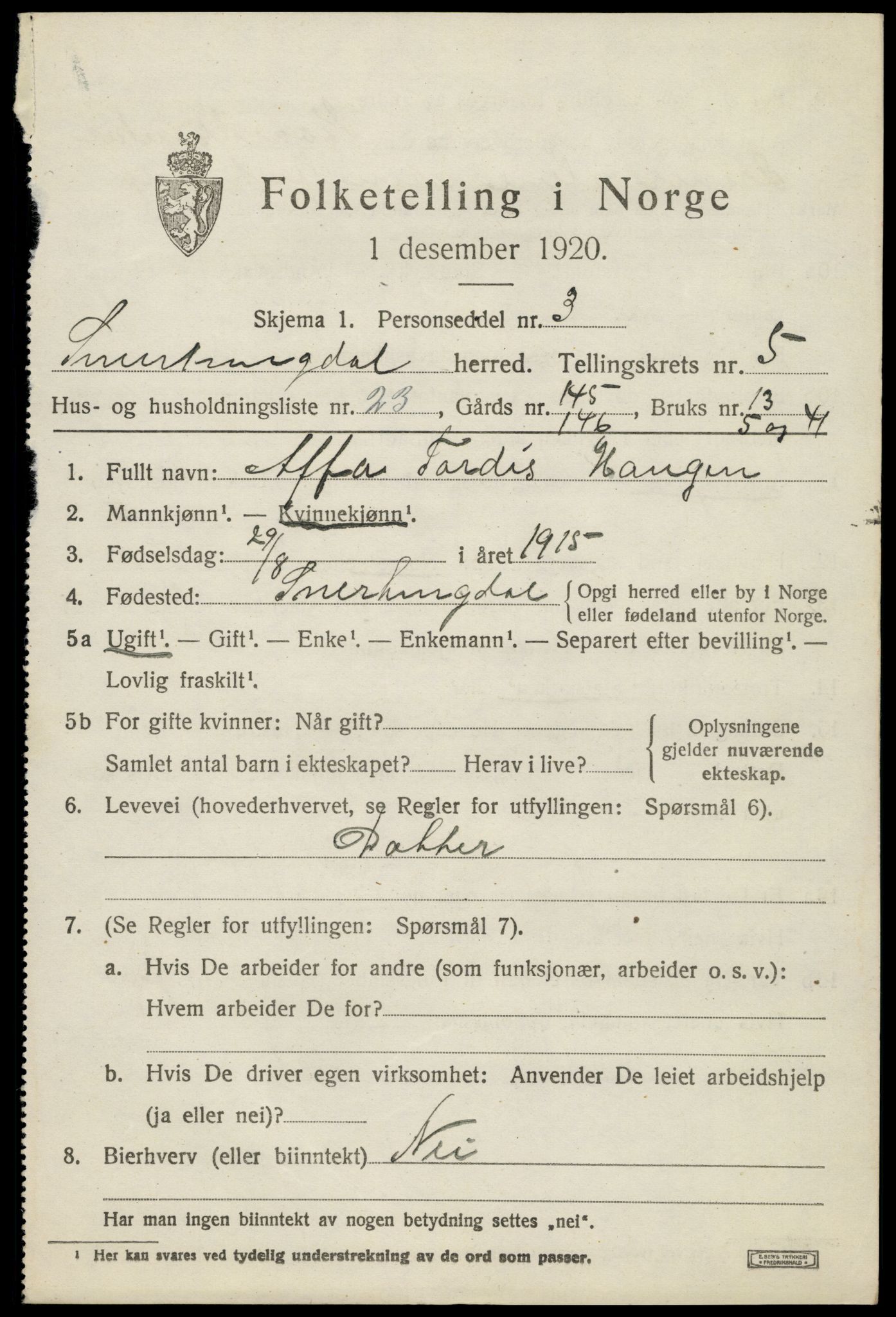 SAH, 1920 census for Snertingdal, 1920, p. 4579