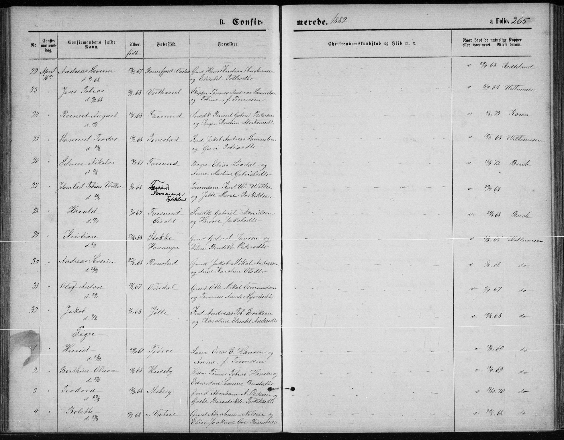 Lista sokneprestkontor, AV/SAK-1111-0027/F/Fb/L0004: Parish register (copy) no. B 4, 1877-1891, p. 265