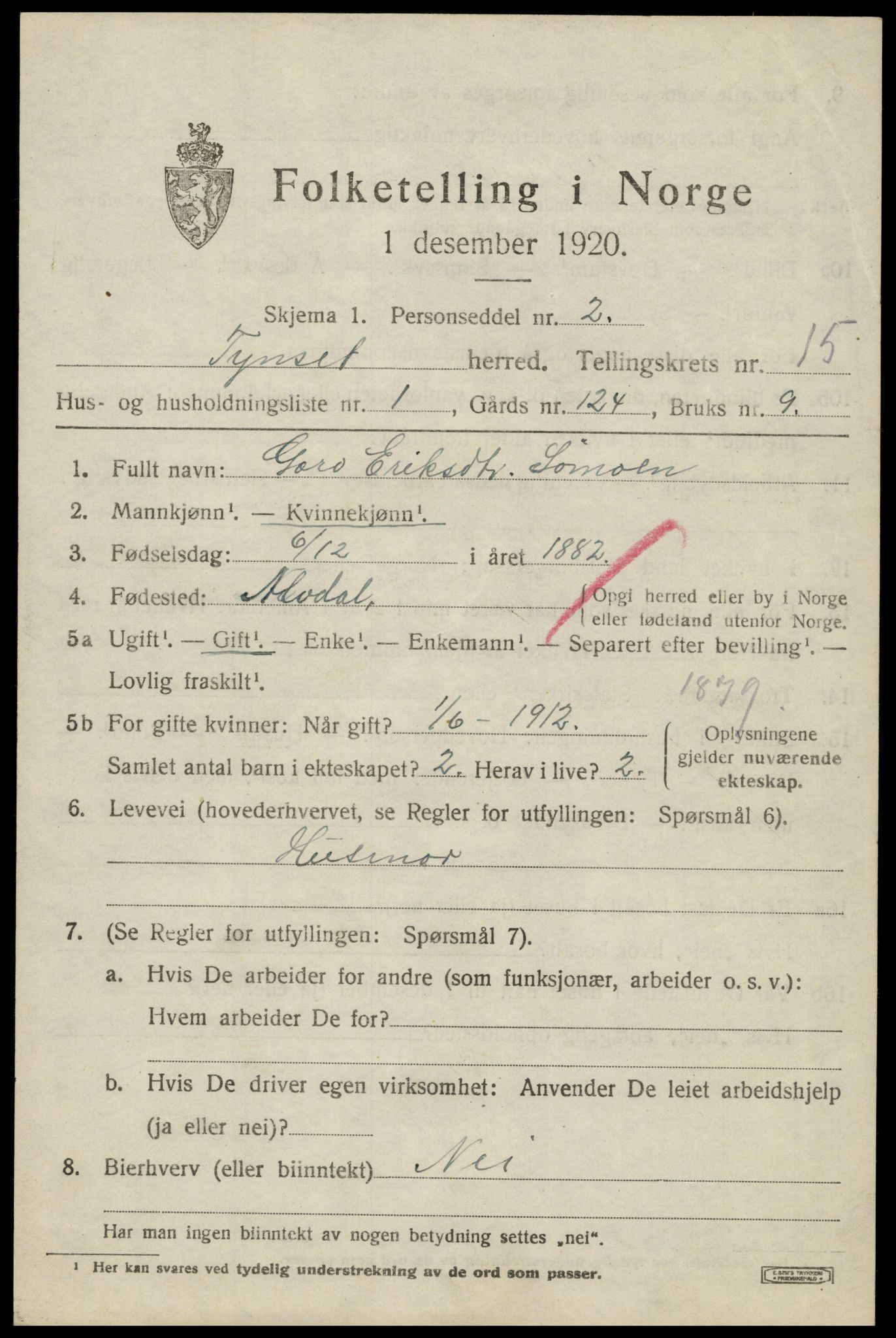 SAH, 1920 census for Tynset, 1920, p. 9228