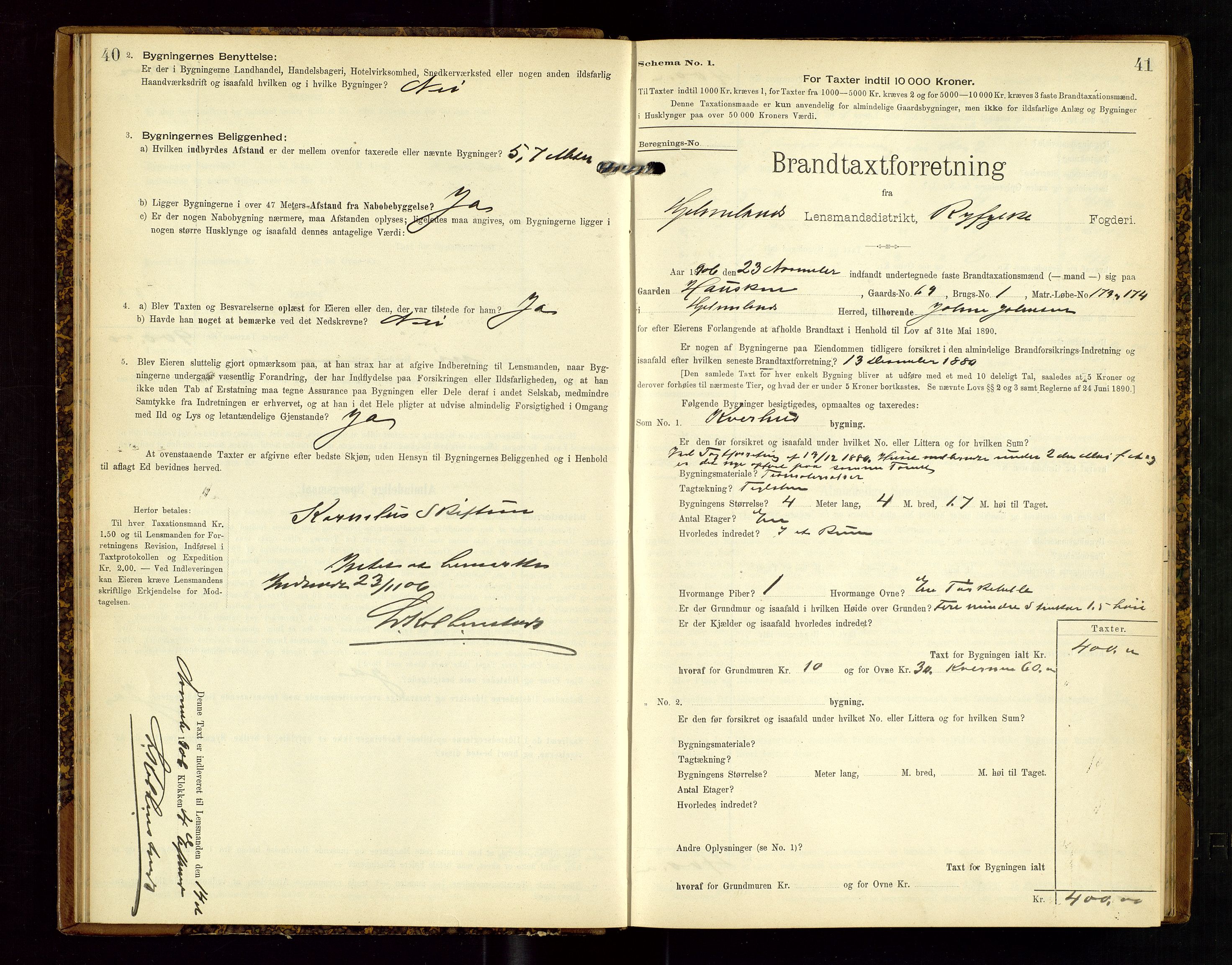 Hjelmeland lensmannskontor, AV/SAST-A-100439/Gob/L0002: "Brandtaxationsprotokol", 1904-1920, p. 40-41