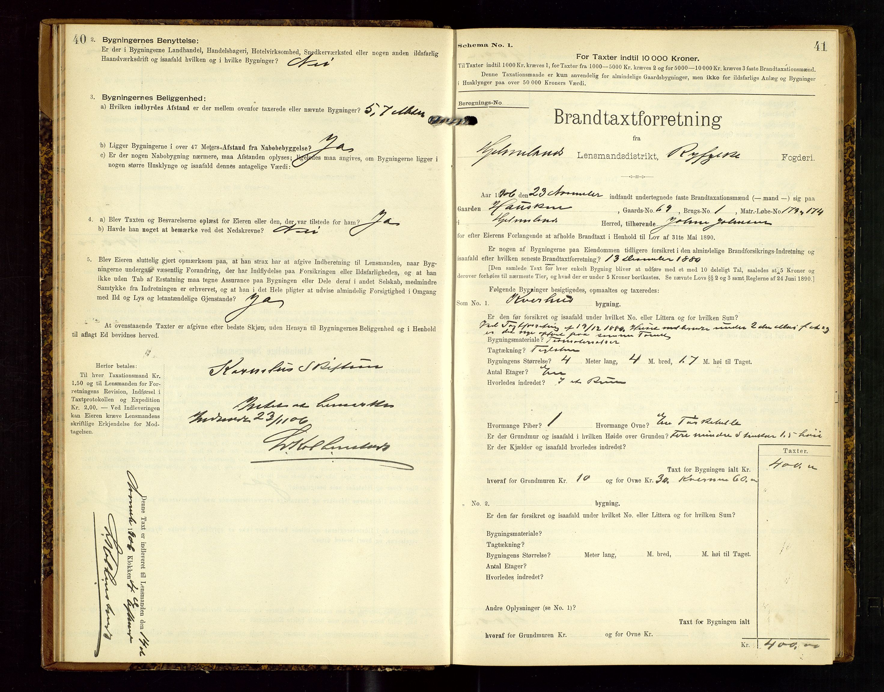 Hjelmeland lensmannskontor, SAST/A-100439/Gob/L0002: "Brandtaxationsprotokol", 1904-1920, p. 40-41