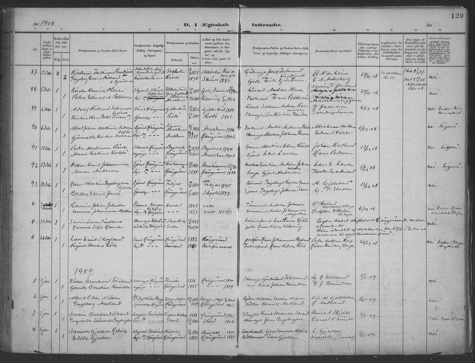 Haugesund sokneprestkontor, AV/SAST-A -101863/H/Ha/Haa/L0007: Parish register (official) no. A 7, 1904-1916, p. 129