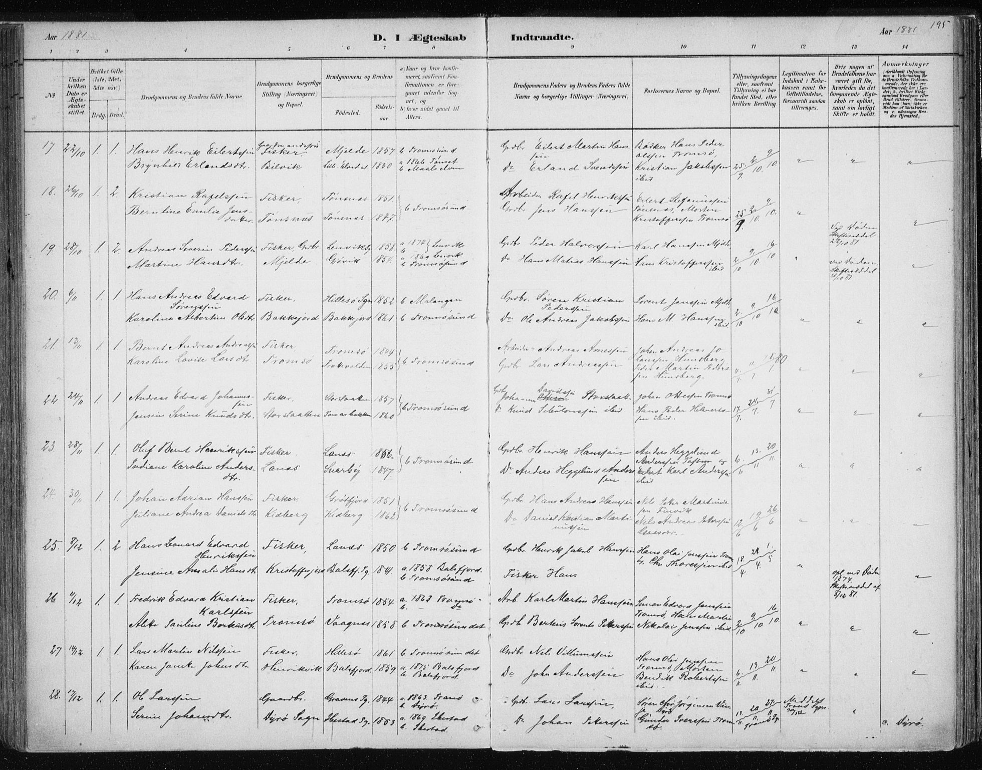 Tromsøysund sokneprestkontor, SATØ/S-1304/G/Ga/L0004kirke: Parish register (official) no. 4, 1880-1888, p. 195