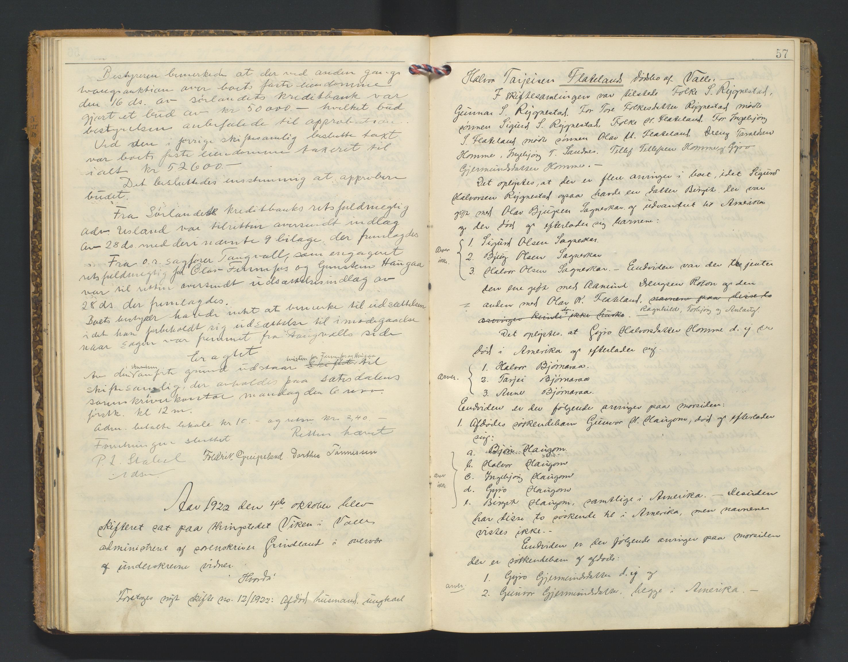 Setesdal sorenskriveri, AV/SAK-1221-0011/H/Hc/L0040: Skifteforhandlingsprotokoll nr 12, 1920-1927, p. 57