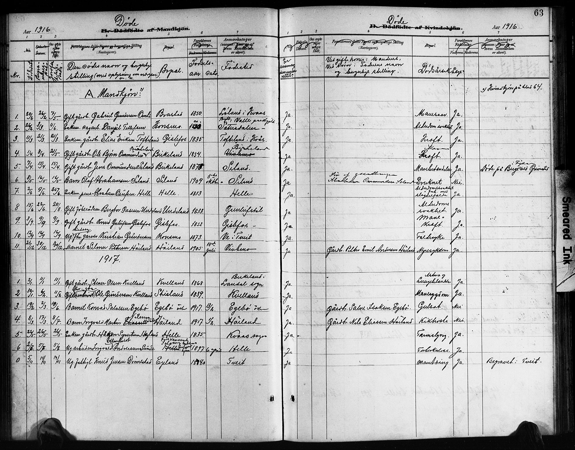 Nord-Audnedal sokneprestkontor, SAK/1111-0032/F/Fb/Fba/L0004: Parish register (copy) no. B 4, 1901-1917, p. 63