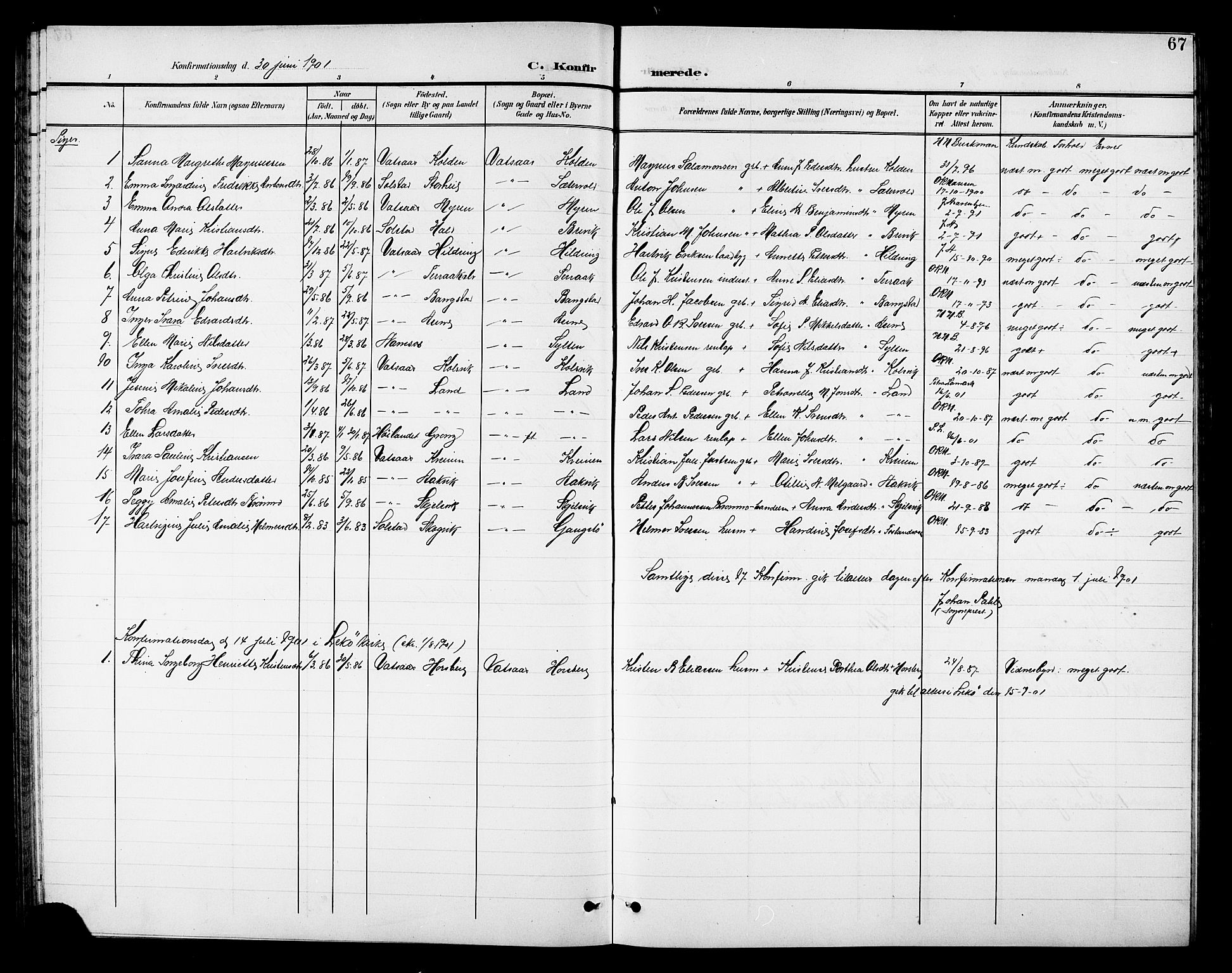 Ministerialprotokoller, klokkerbøker og fødselsregistre - Nordland, AV/SAT-A-1459/810/L0161: Parish register (copy) no. 810C04, 1897-1910, p. 67