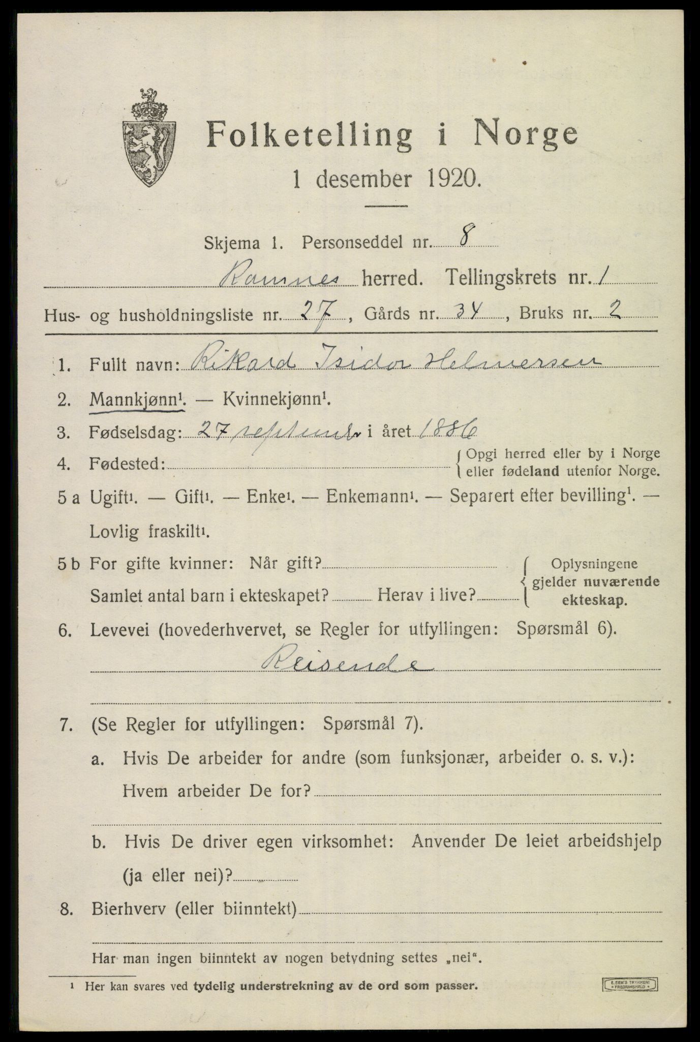 SAKO, 1920 census for Ramnes, 1920, p. 1482