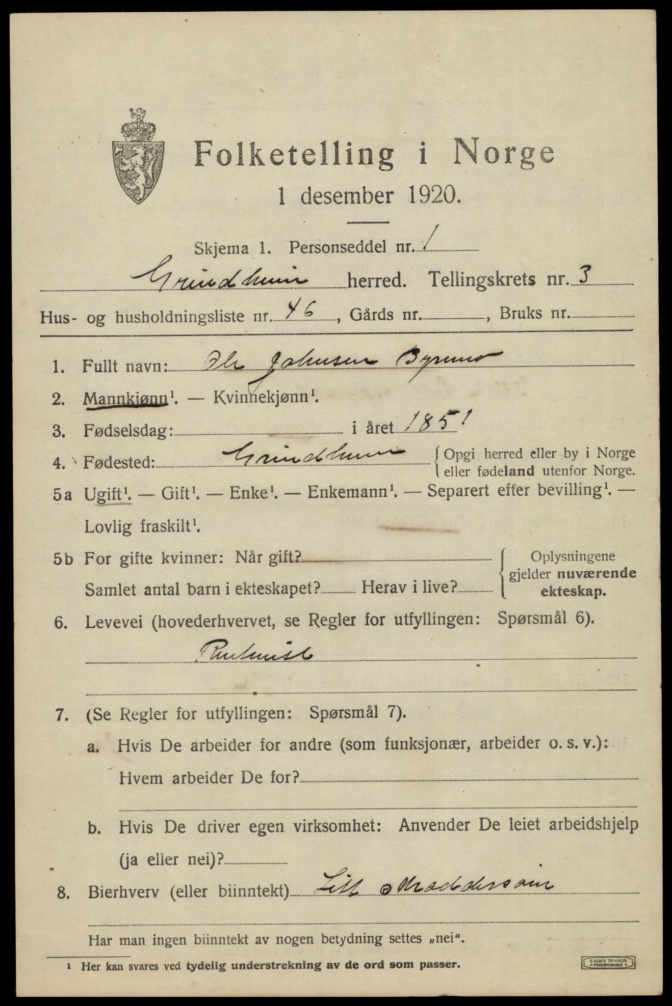 SAK, 1920 census for Grindheim, 1920, p. 1403