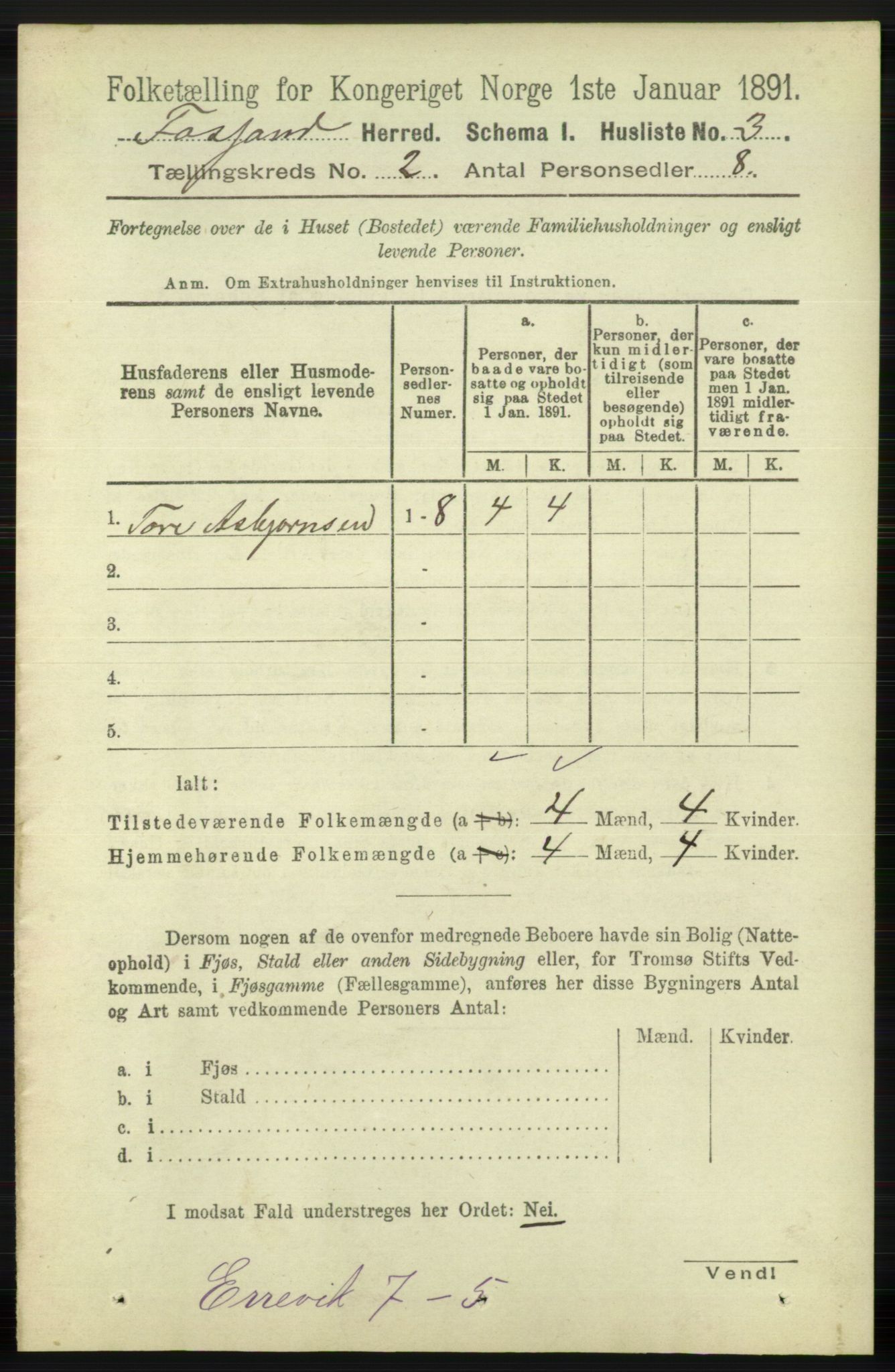 RA, 1891 census for 1129 Forsand, 1891, p. 186