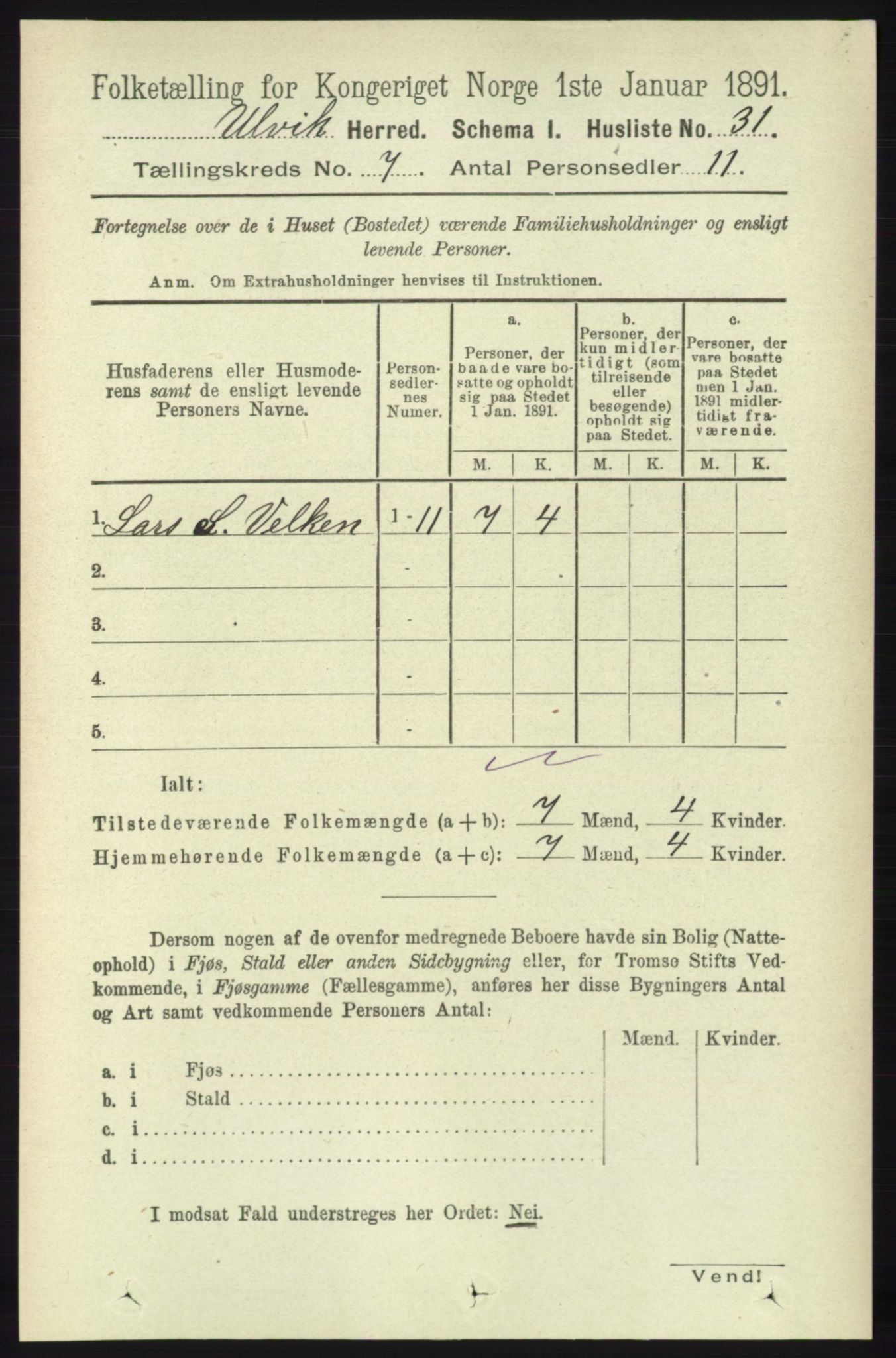 RA, 1891 census for 1233 Ulvik, 1891, p. 2255