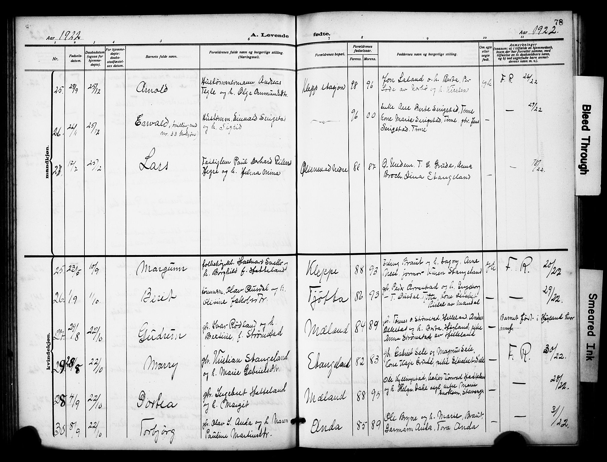 Klepp sokneprestkontor, AV/SAST-A-101803/001/3/30BB/L0007: Parish register (copy) no. B 7, 1908-1934, p. 78