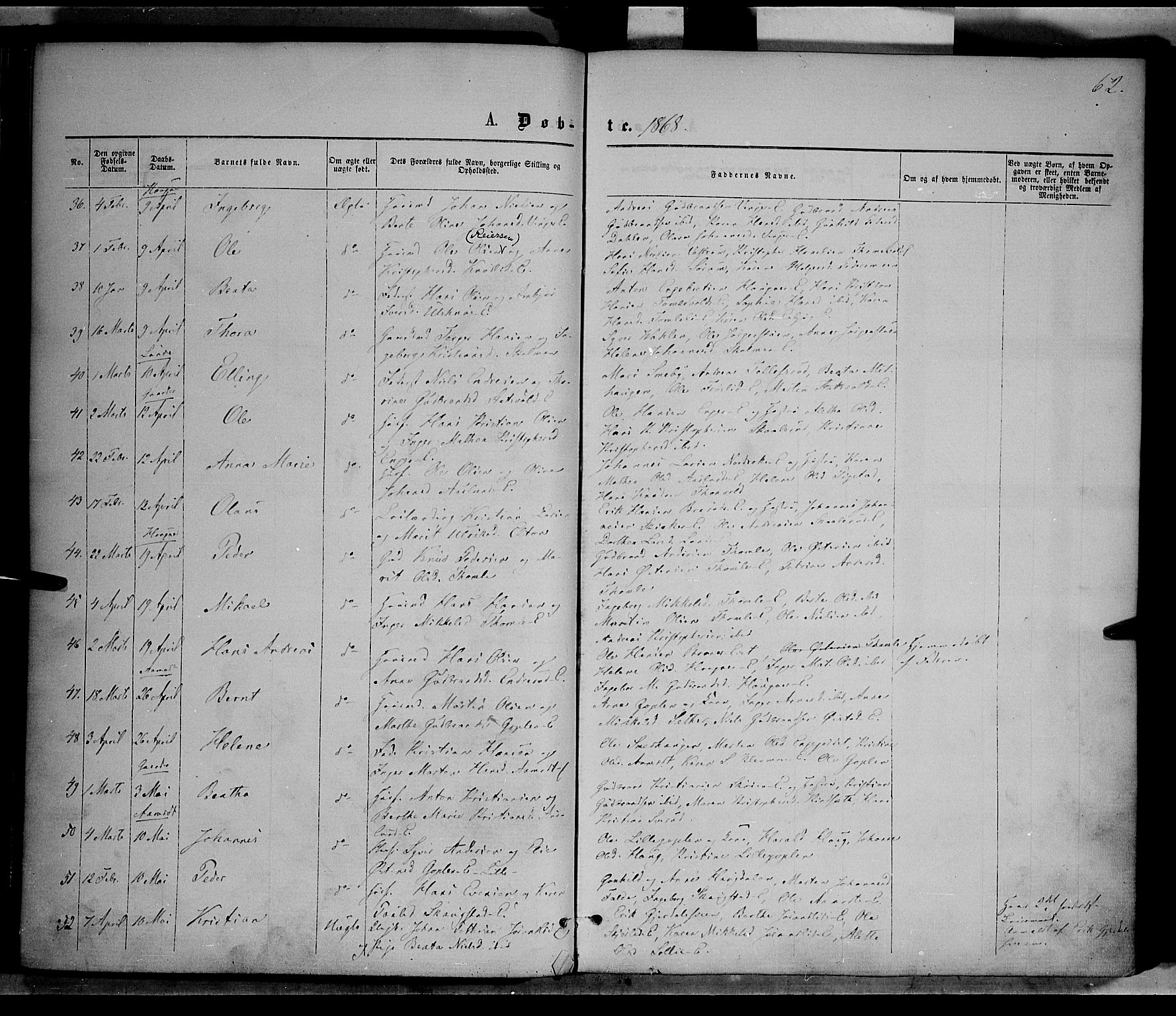 Nordre Land prestekontor, AV/SAH-PREST-124/H/Ha/Haa/L0001: Parish register (official) no. 1, 1860-1871, p. 62