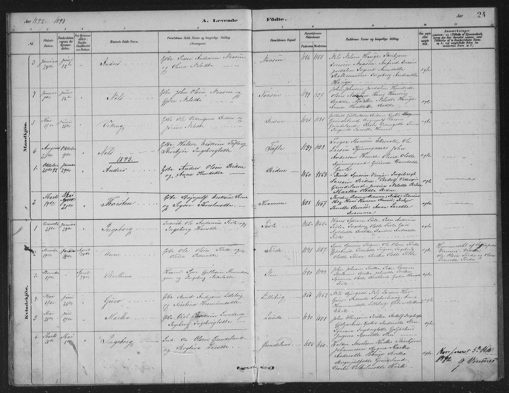 Vossestrand Sokneprestembete, SAB/A-79101/H/Hab: Parish register (copy) no. A 2, 1880-1902, p. 24