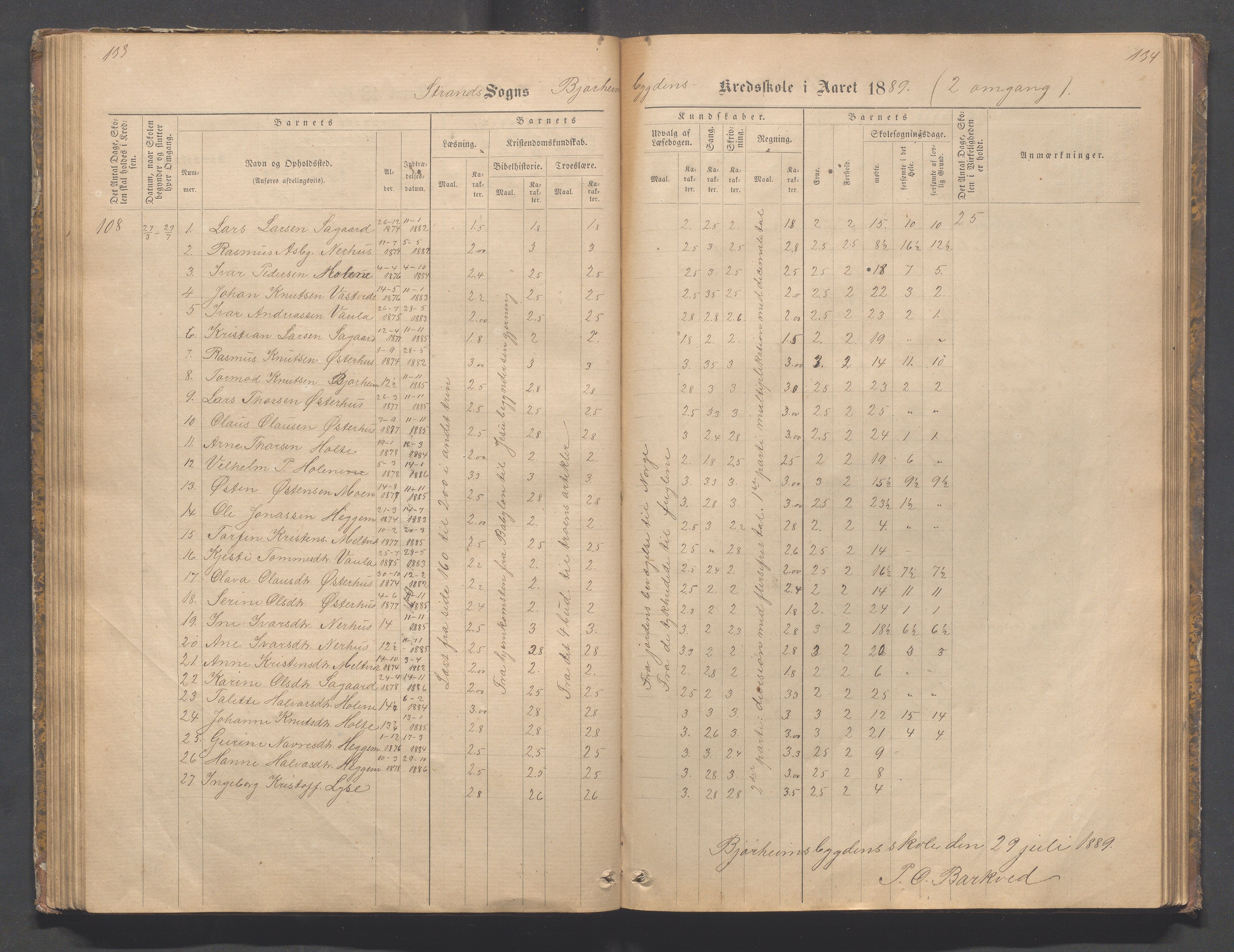 Strand kommune - Bjørheimsbygd skole, IKAR/A-147/H/L0001: Skoleprotokoll for Bjørheimsbygd,Lekvam og Hidle krets, 1873-1884, p. 133-134